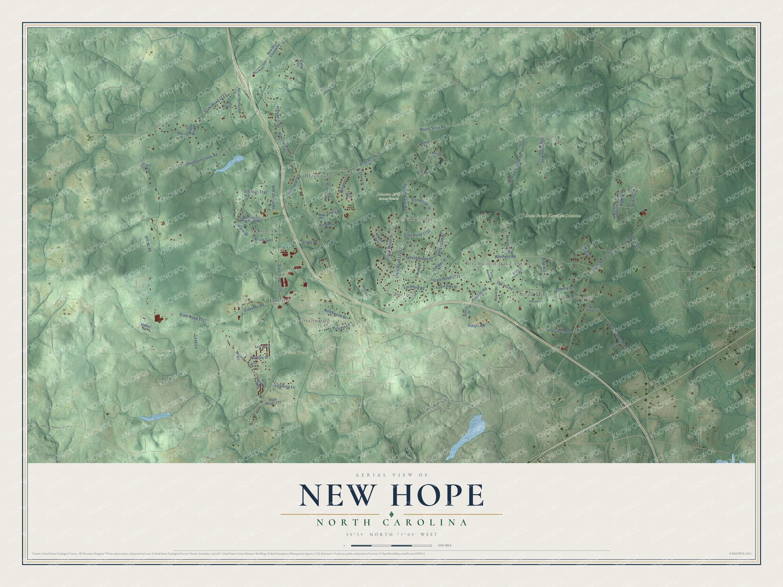 Full map of New Hope, North Carolina, with red buildings, printed street names and the land around them