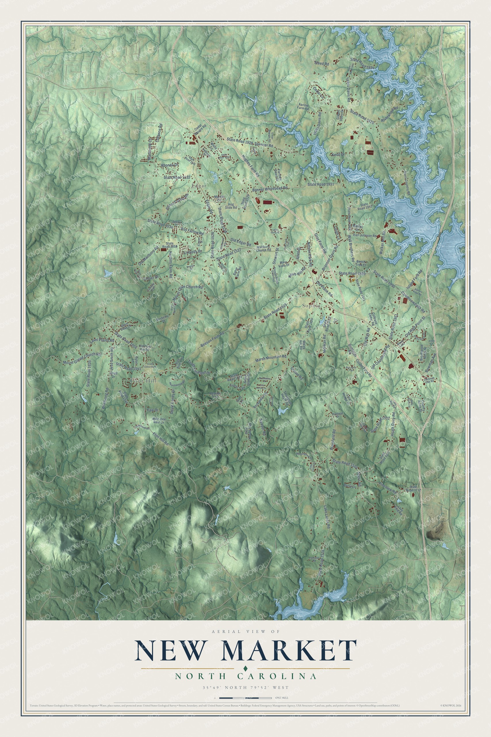 Full map of New Market, North Carolina, with red buildings, printed street names and the land around them