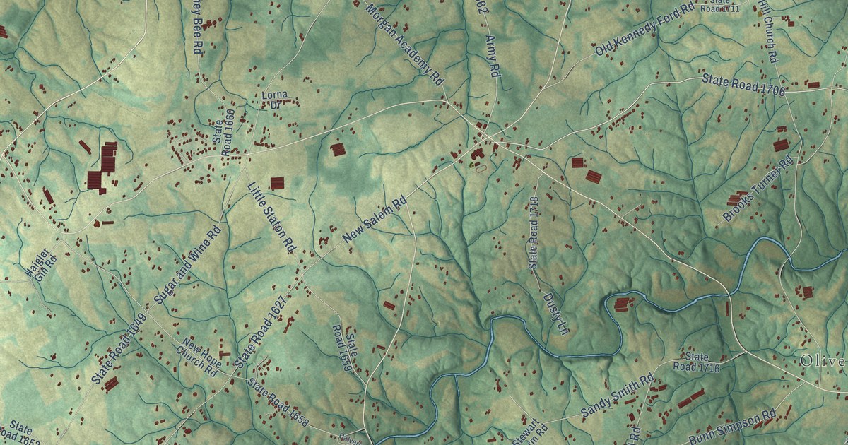 Close-up of streets and buildings in New Salem, North Carolina