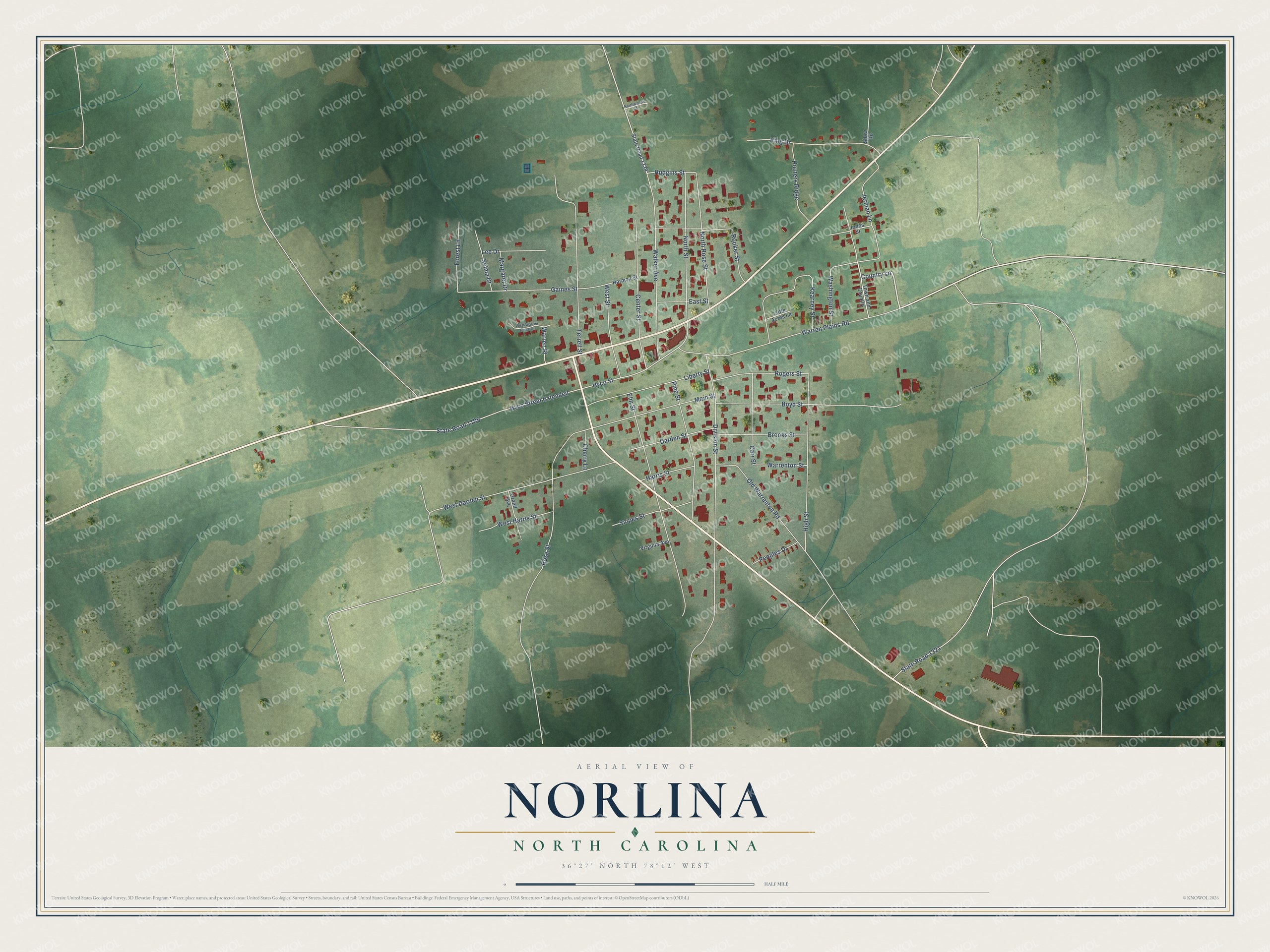 Full map of Norlina, North Carolina, with red buildings, printed street names and the land around them