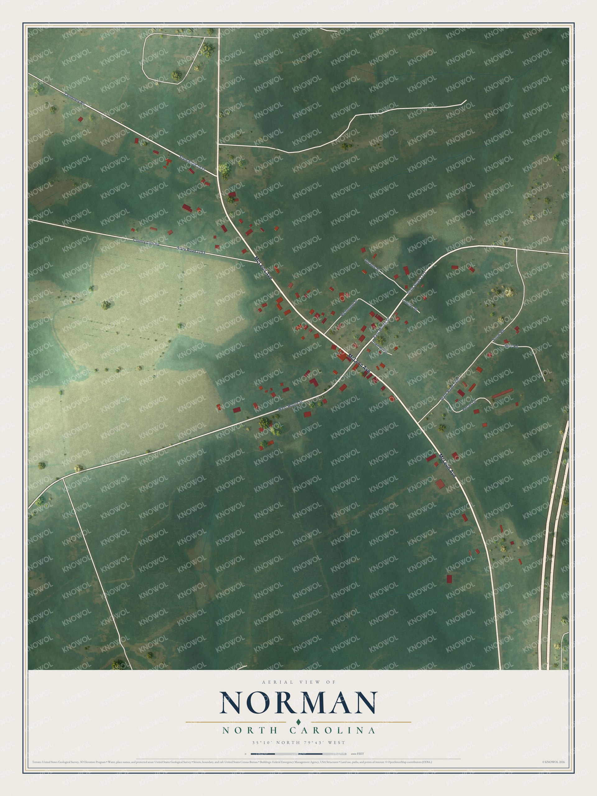 Full map of Norman, North Carolina, with red buildings, printed street names and the land around them