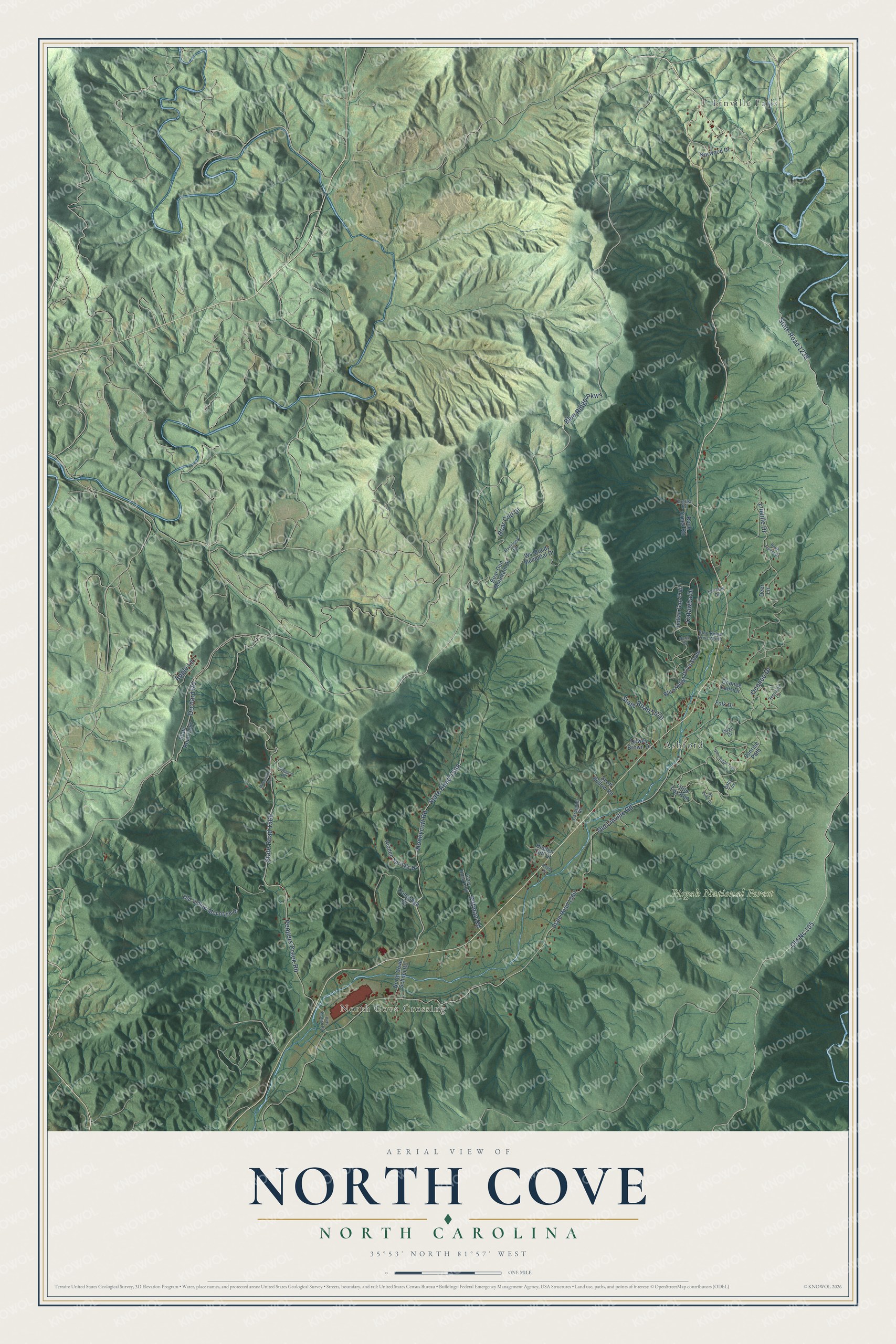 Full map of North Cove, North Carolina, with red buildings, printed street names and the land around them