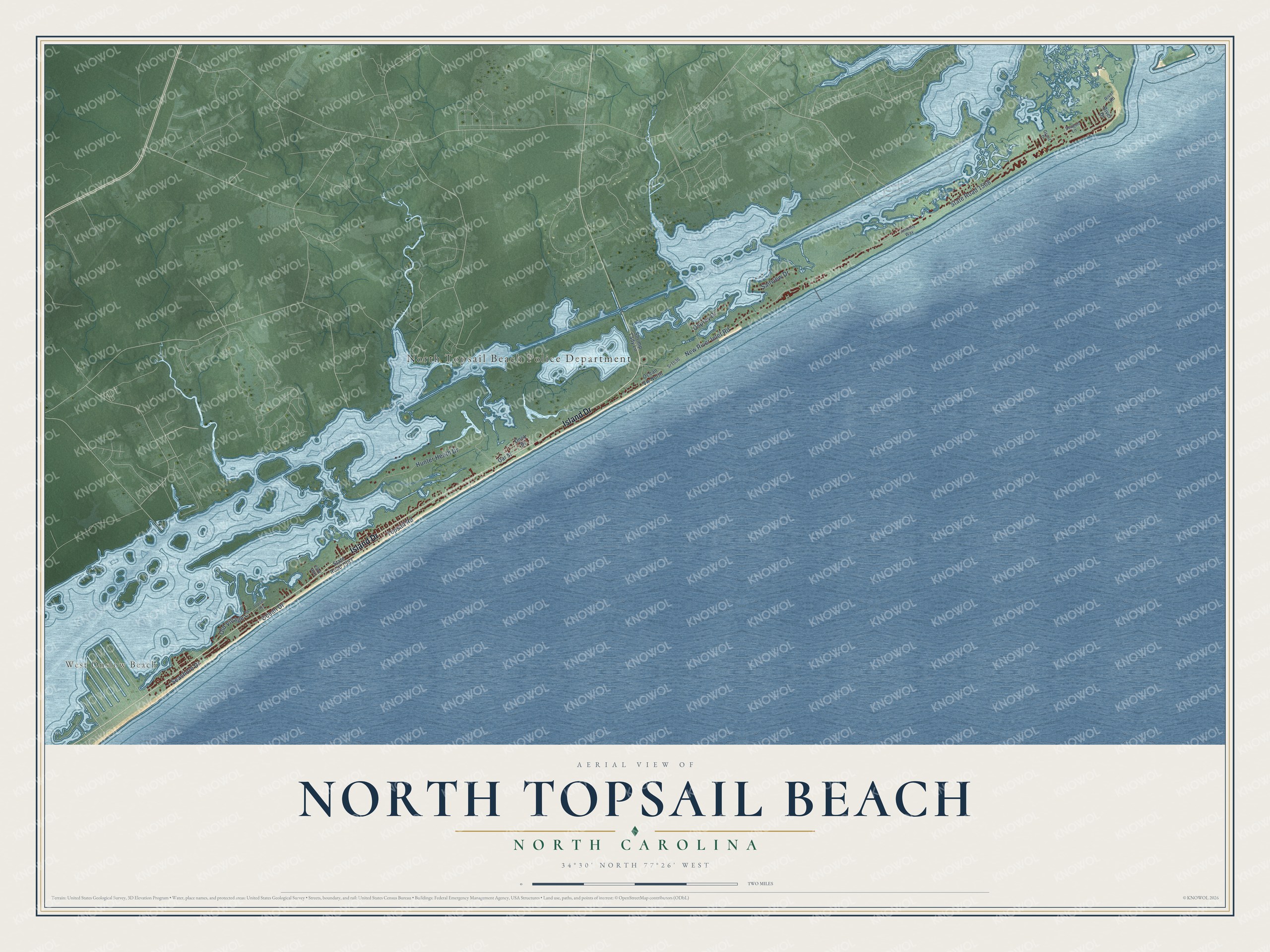 Full map of North Topsail Beach, North Carolina, with red buildings, printed street names and the land around them