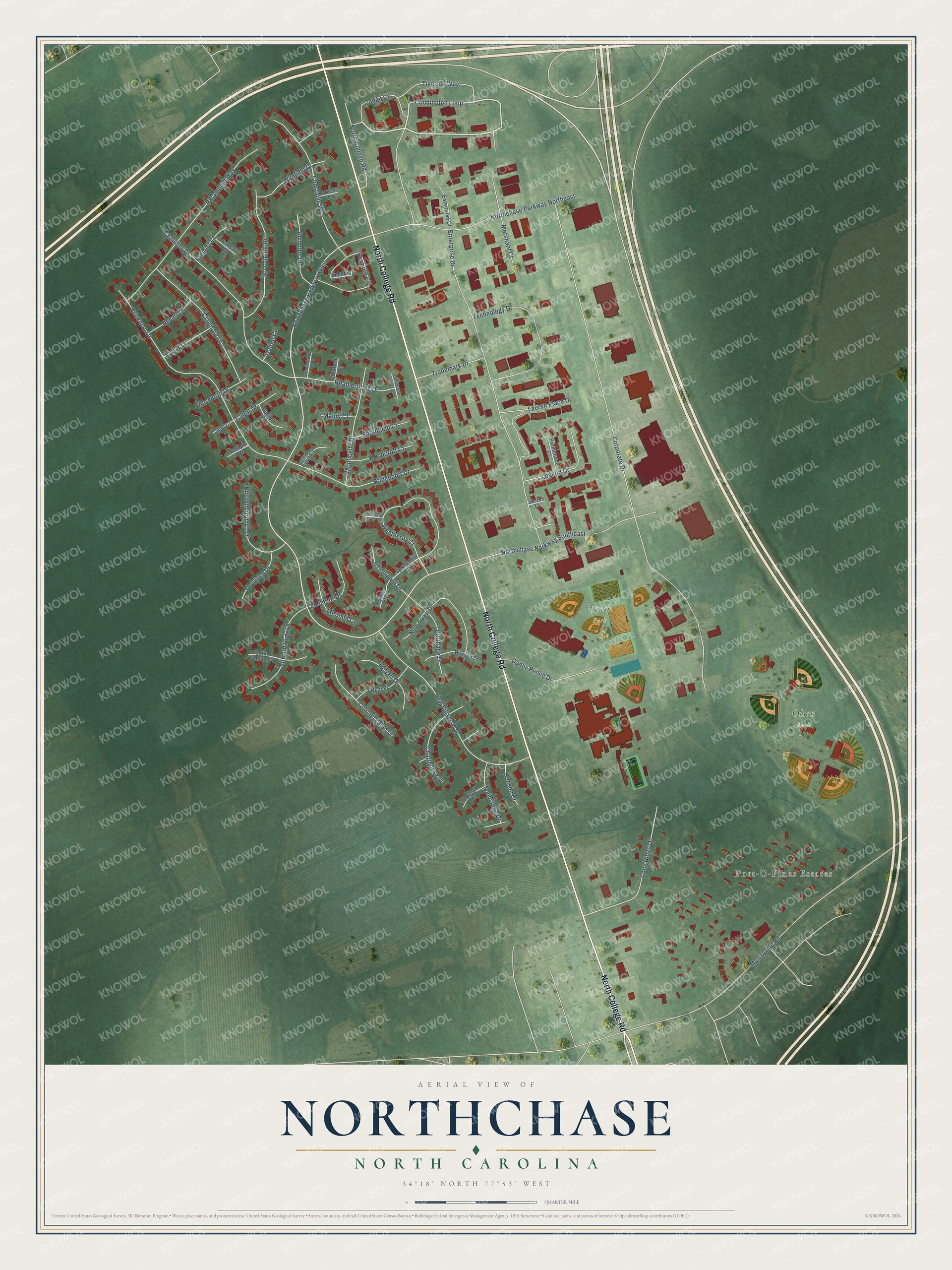 Full map of Northchase, North Carolina, with red buildings, printed street names and the land around them