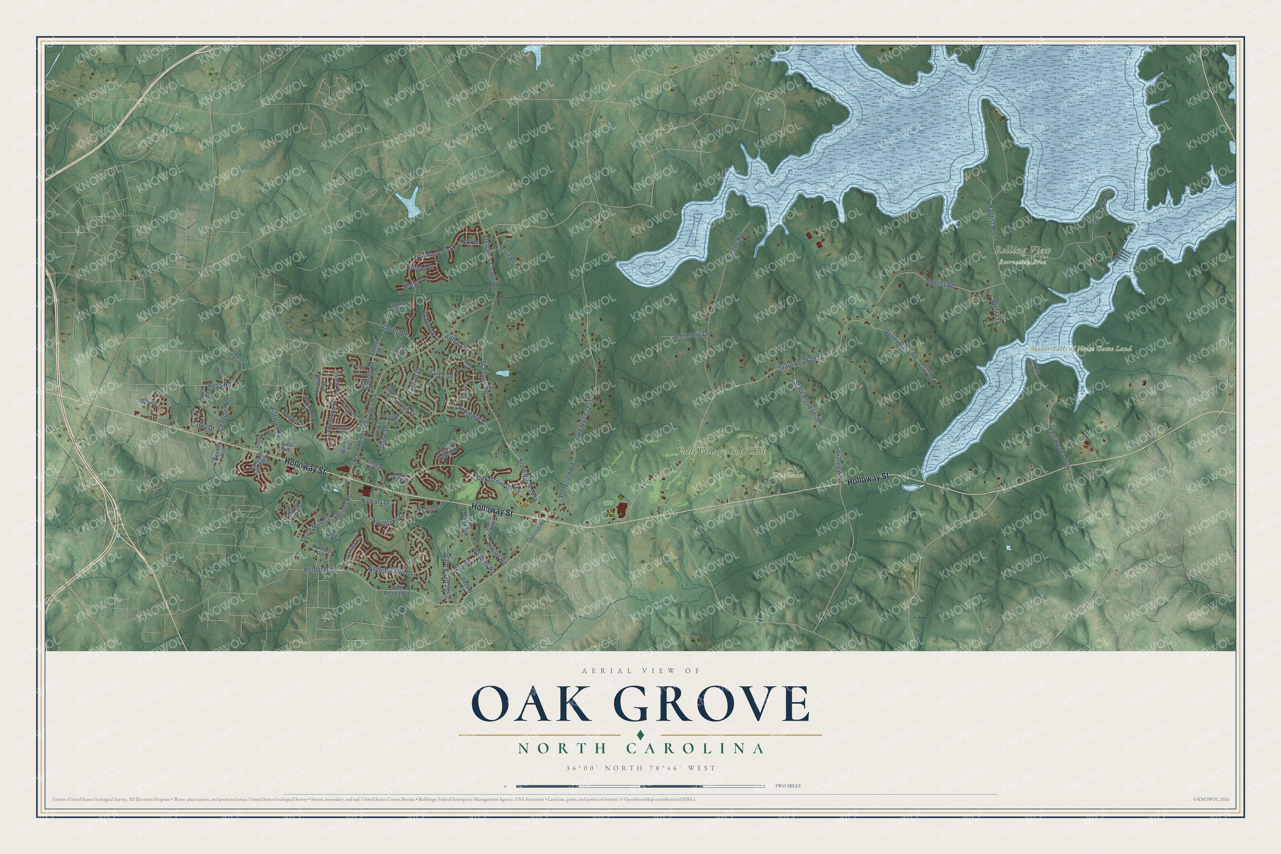 Full map of Oak Grove, North Carolina, with red buildings, printed street names and the land around them