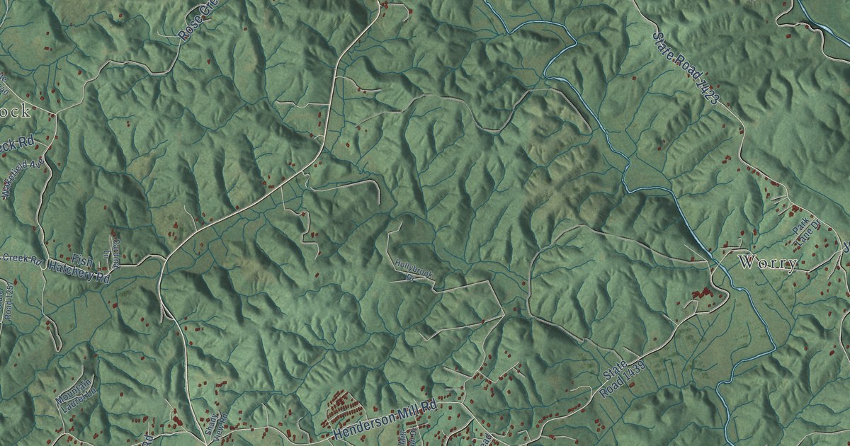 Close-up of streets and buildings in Oak Hill, Burke County, North Carolina