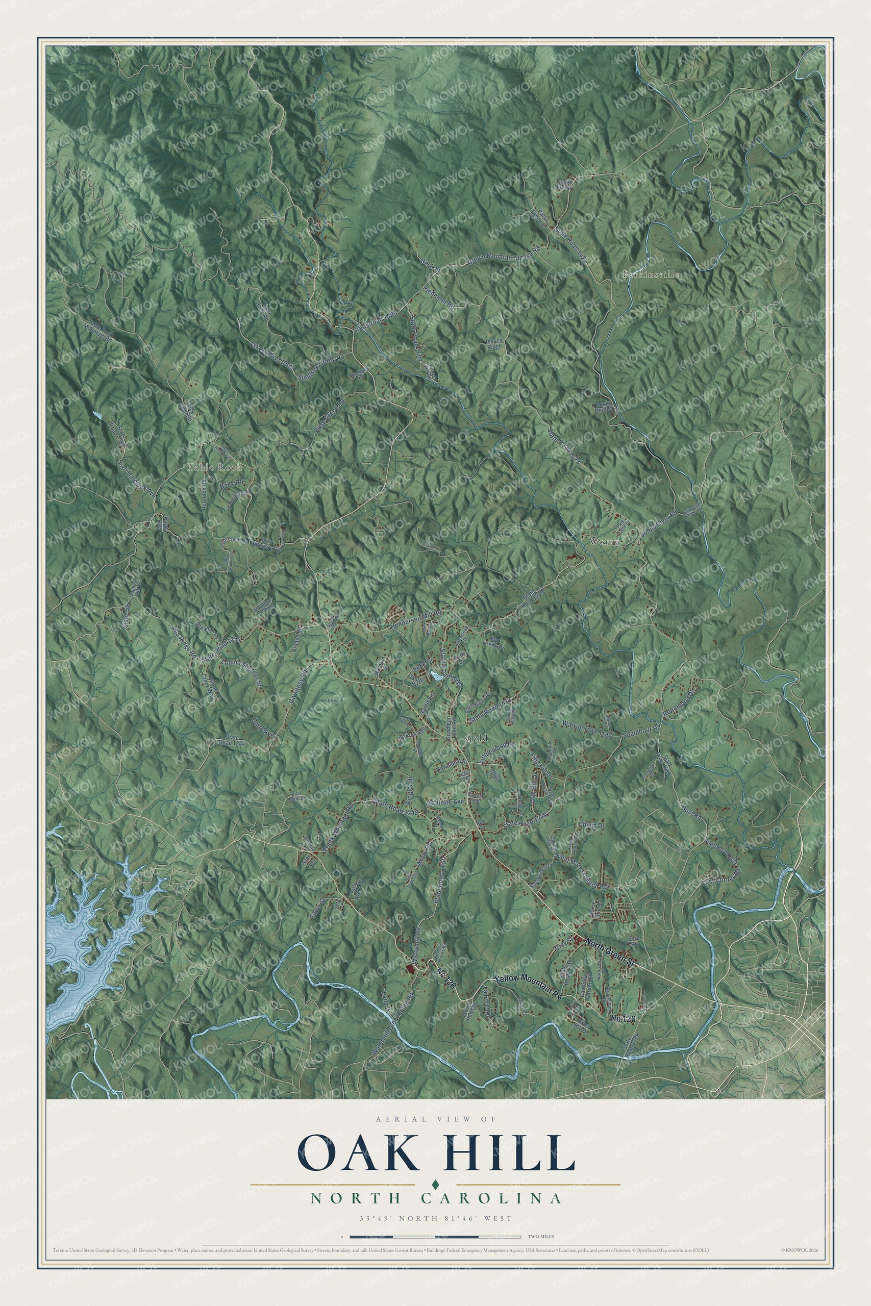 Full map of Oak Hill, North Carolina, with red buildings, printed street names and the land around them