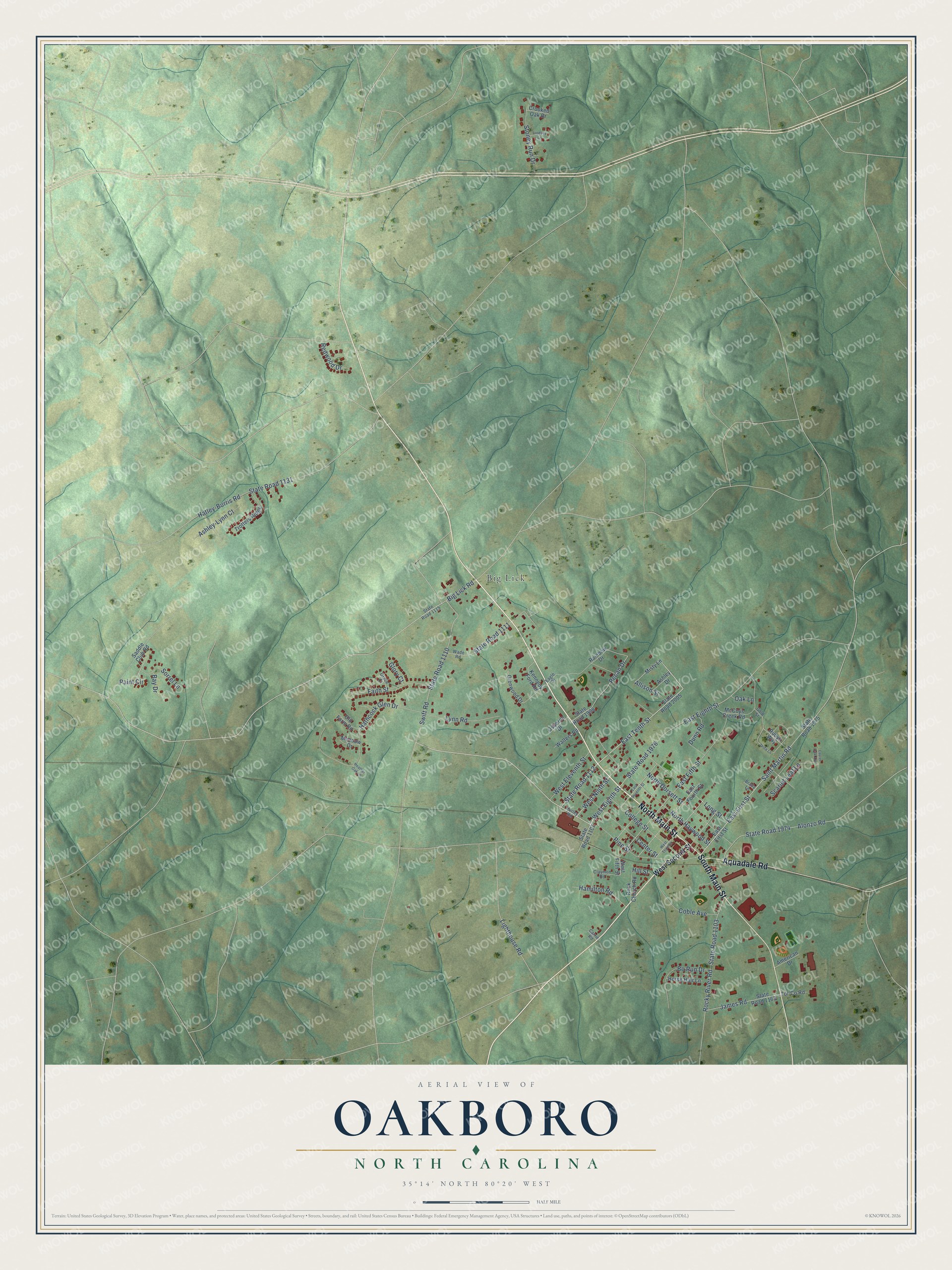 Full map of Oakboro, North Carolina, with red buildings, printed street names and the land around them