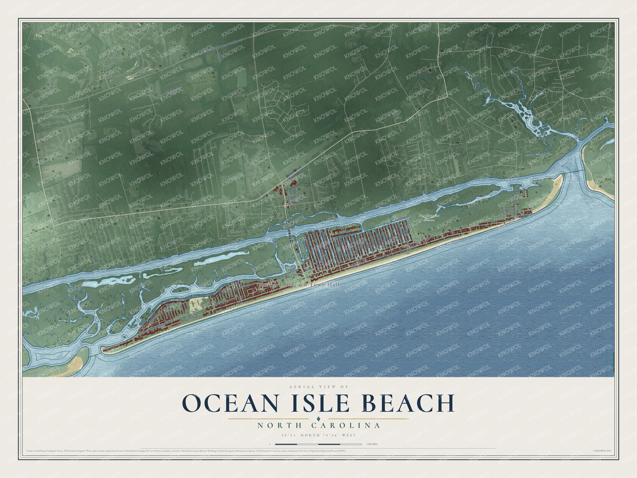 Full map of Ocean Isle Beach, North Carolina, with red buildings, printed street names and the land around them