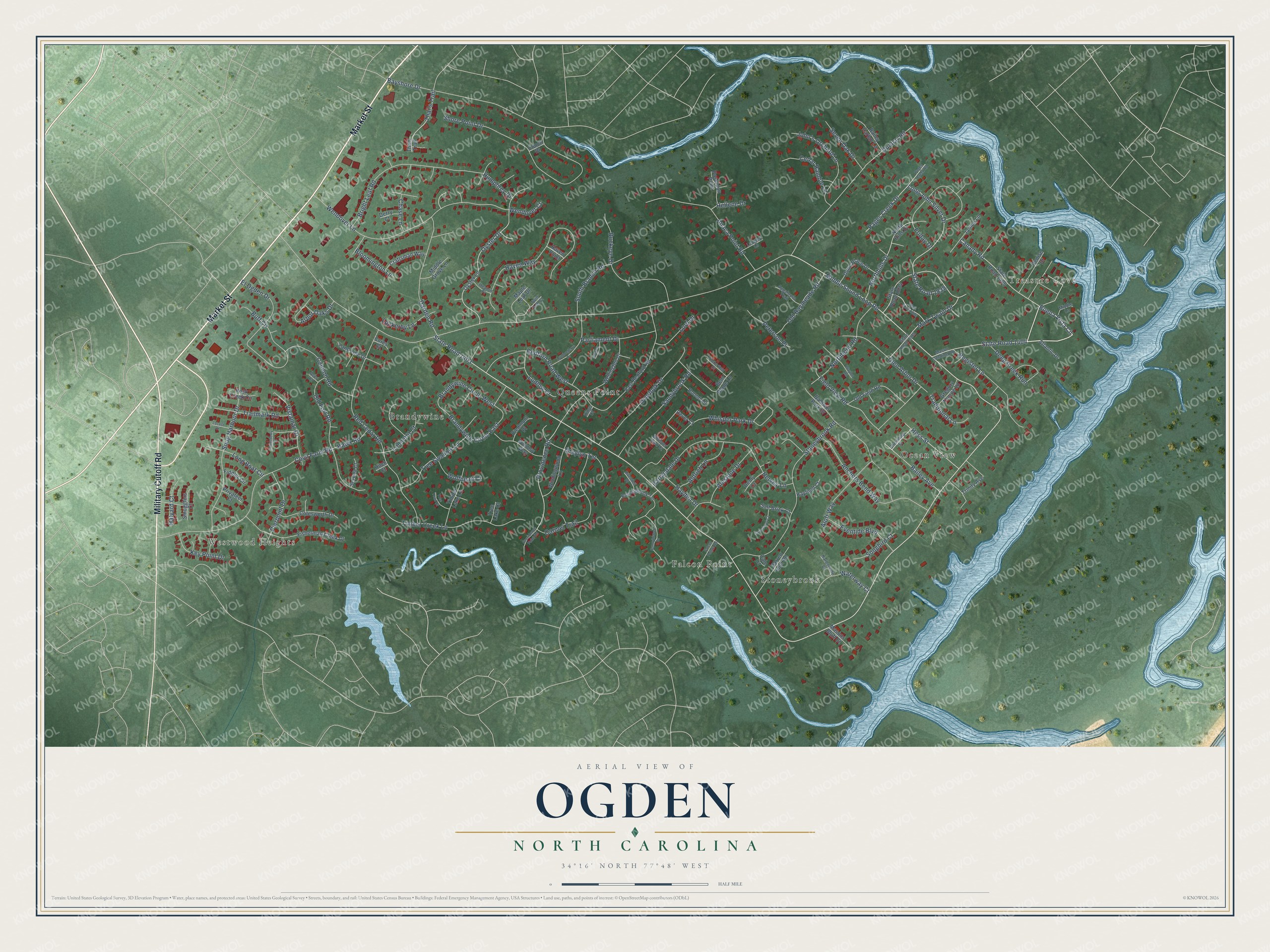Full map of Ogden, North Carolina, with red buildings, printed street names and the land around them