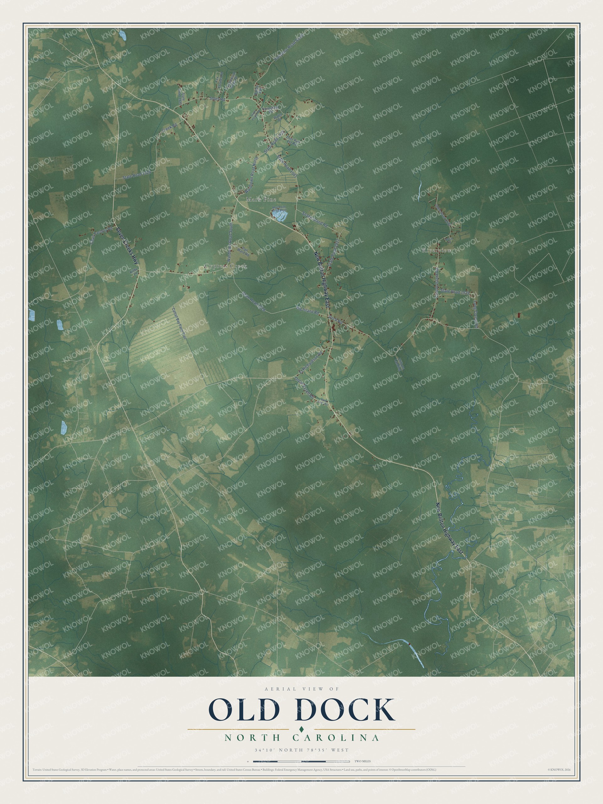 Full map of Old Dock, North Carolina, with red buildings, printed street names and the land around them