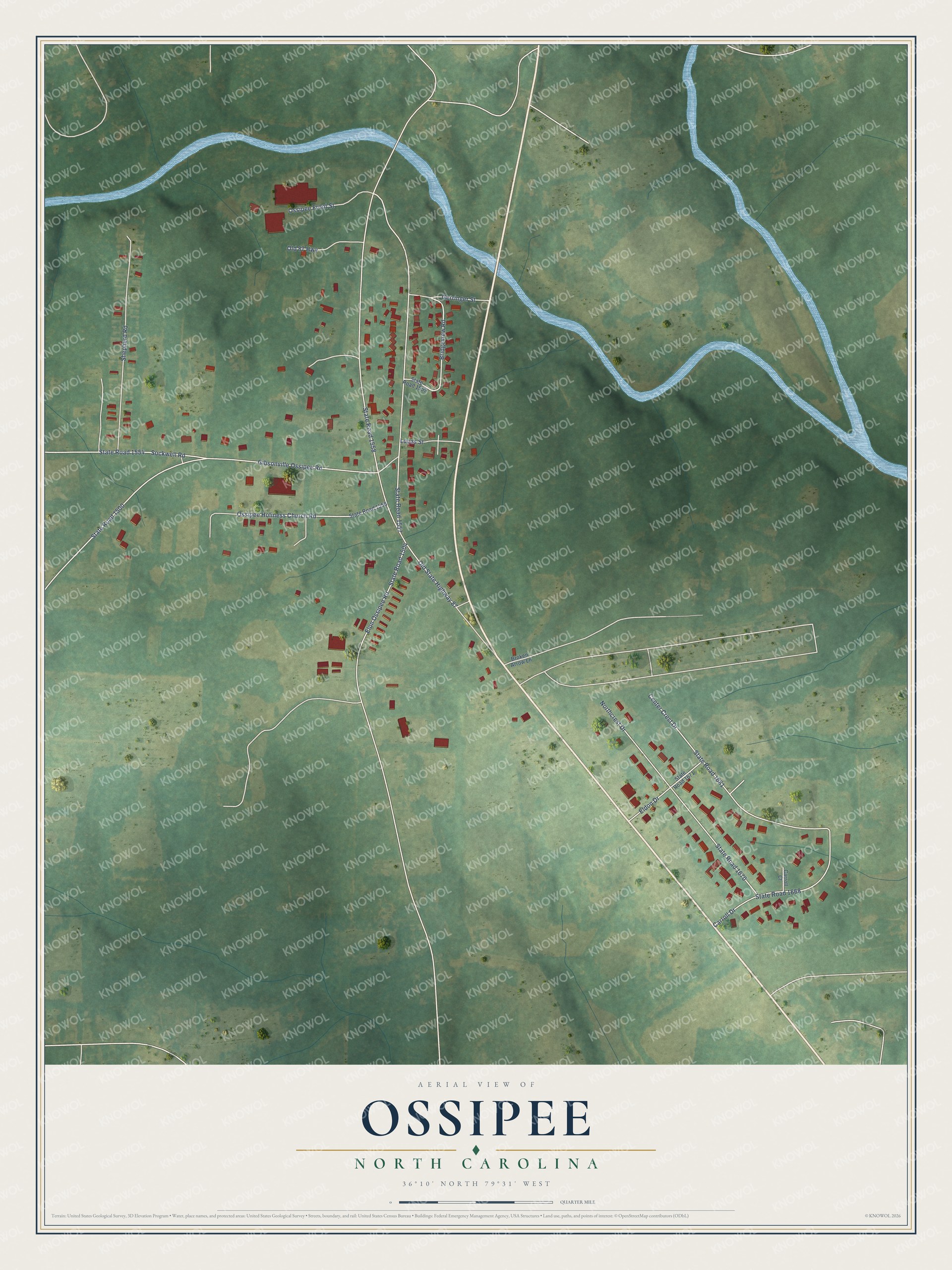 Full map of Ossipee, North Carolina, with red buildings, printed street names and the land around them