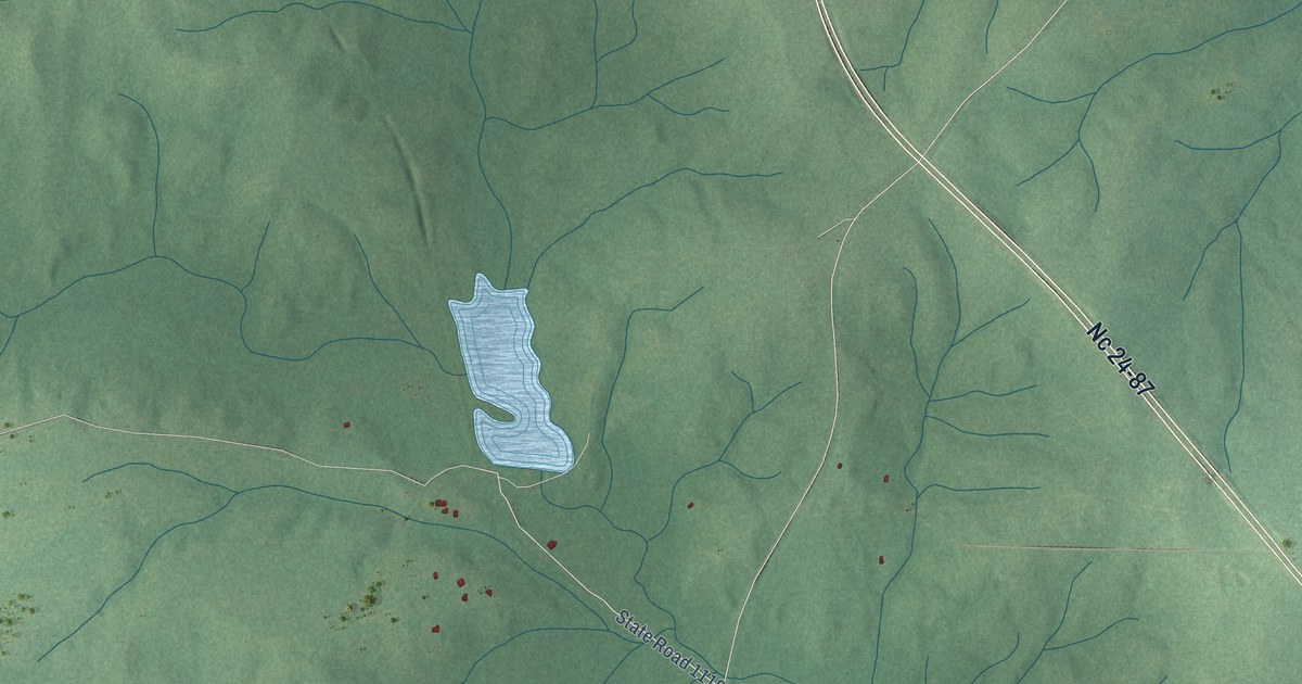 Close-up of streets and buildings in Overhills, North Carolina
