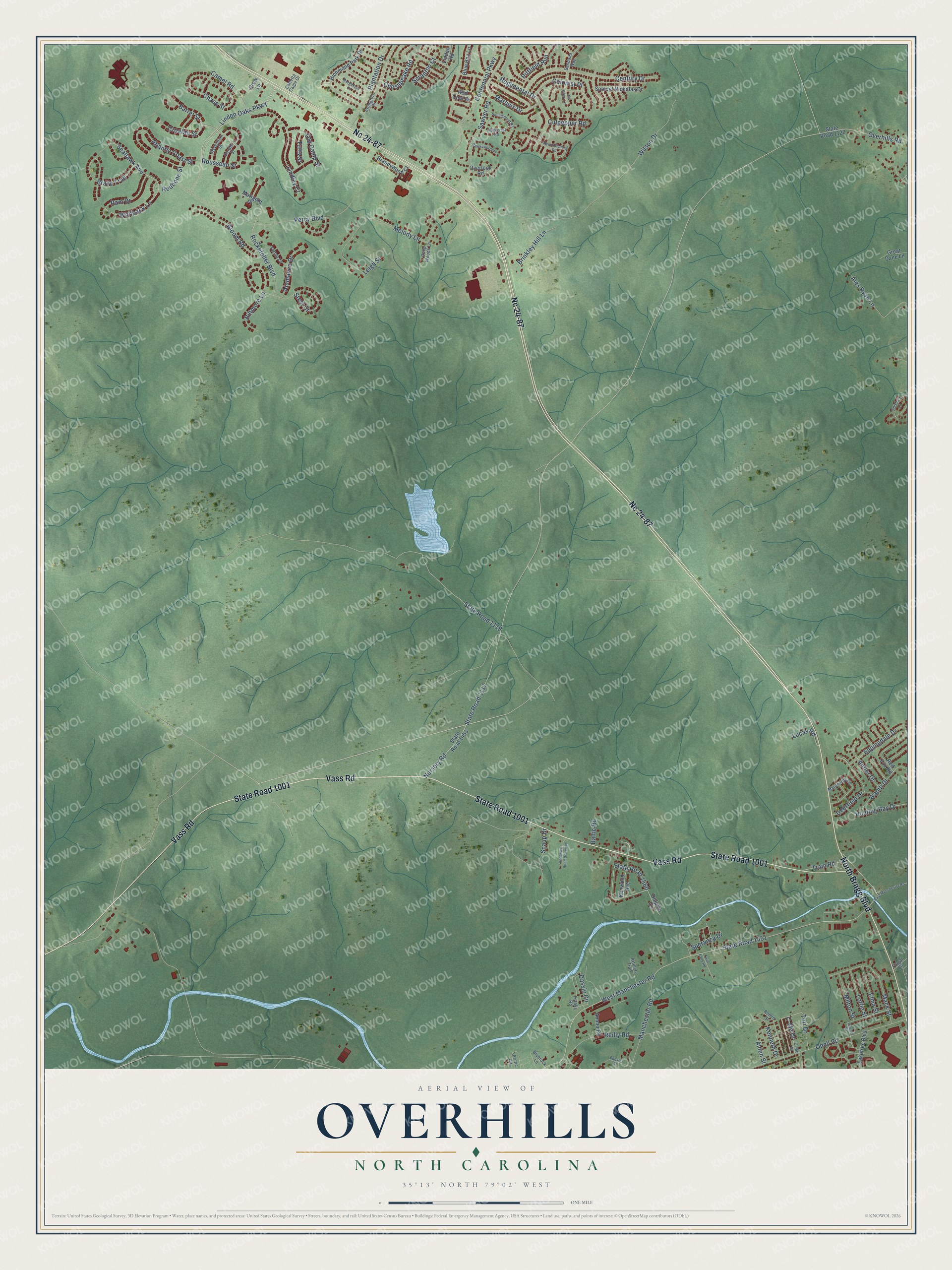 Full map of Overhills, North Carolina, with red buildings, printed street names and the land around them