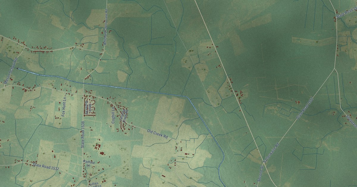 Close-up of streets and buildings in Pactolus, North Carolina