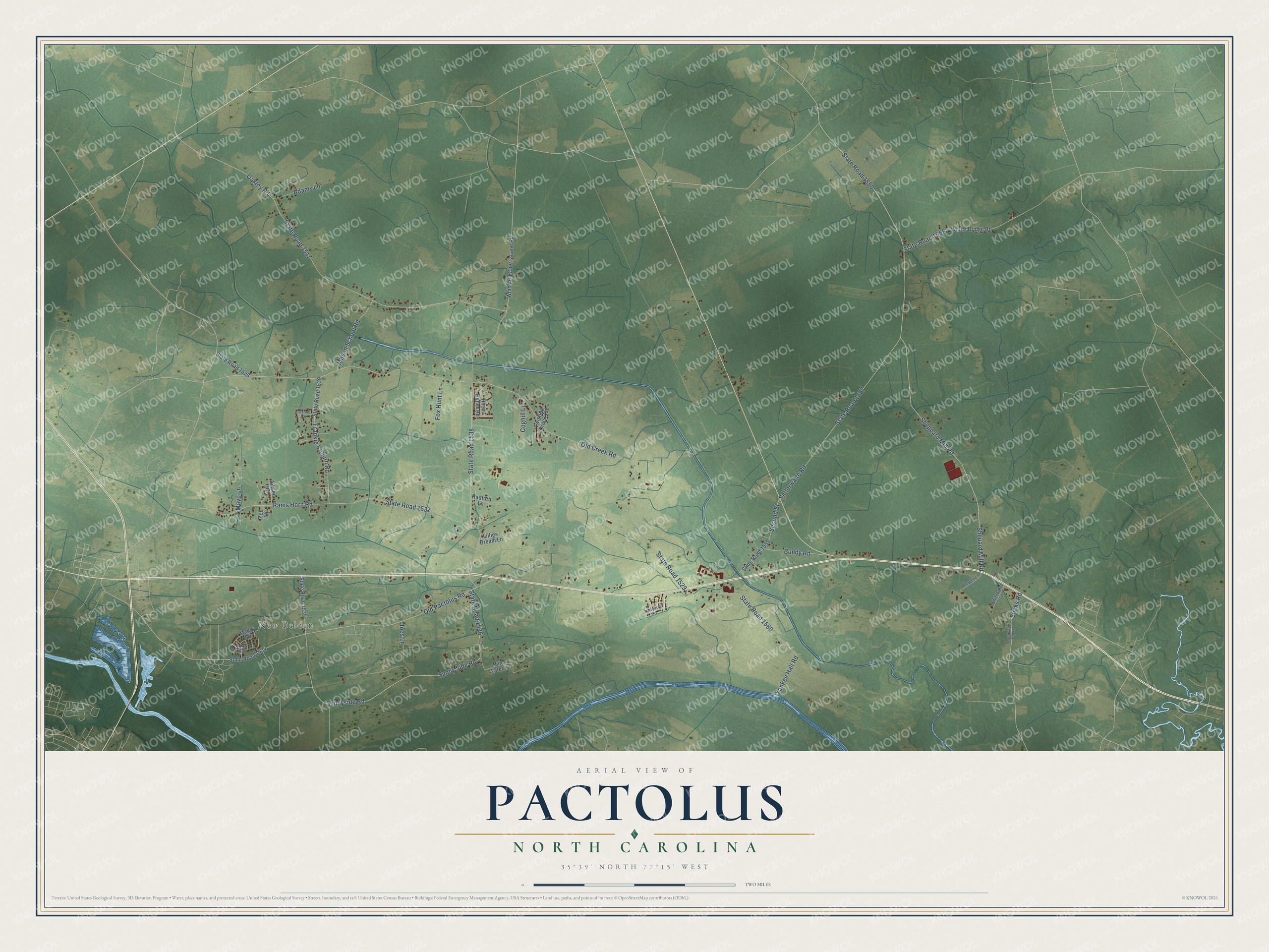 Full map of Pactolus, North Carolina, with red buildings, printed street names and the land around them
