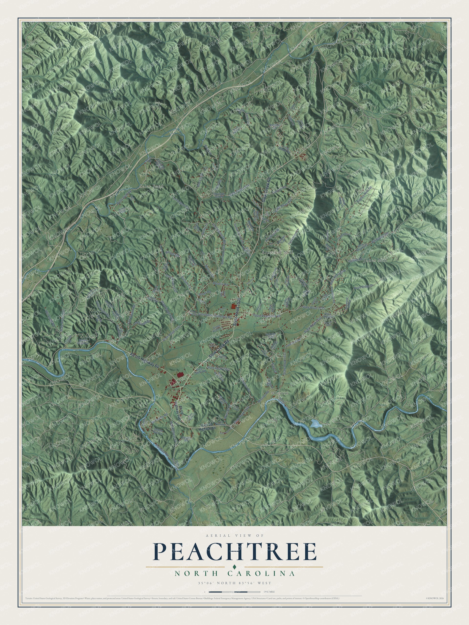 Full map of Peachtree, North Carolina, with red buildings, printed street names and the land around them