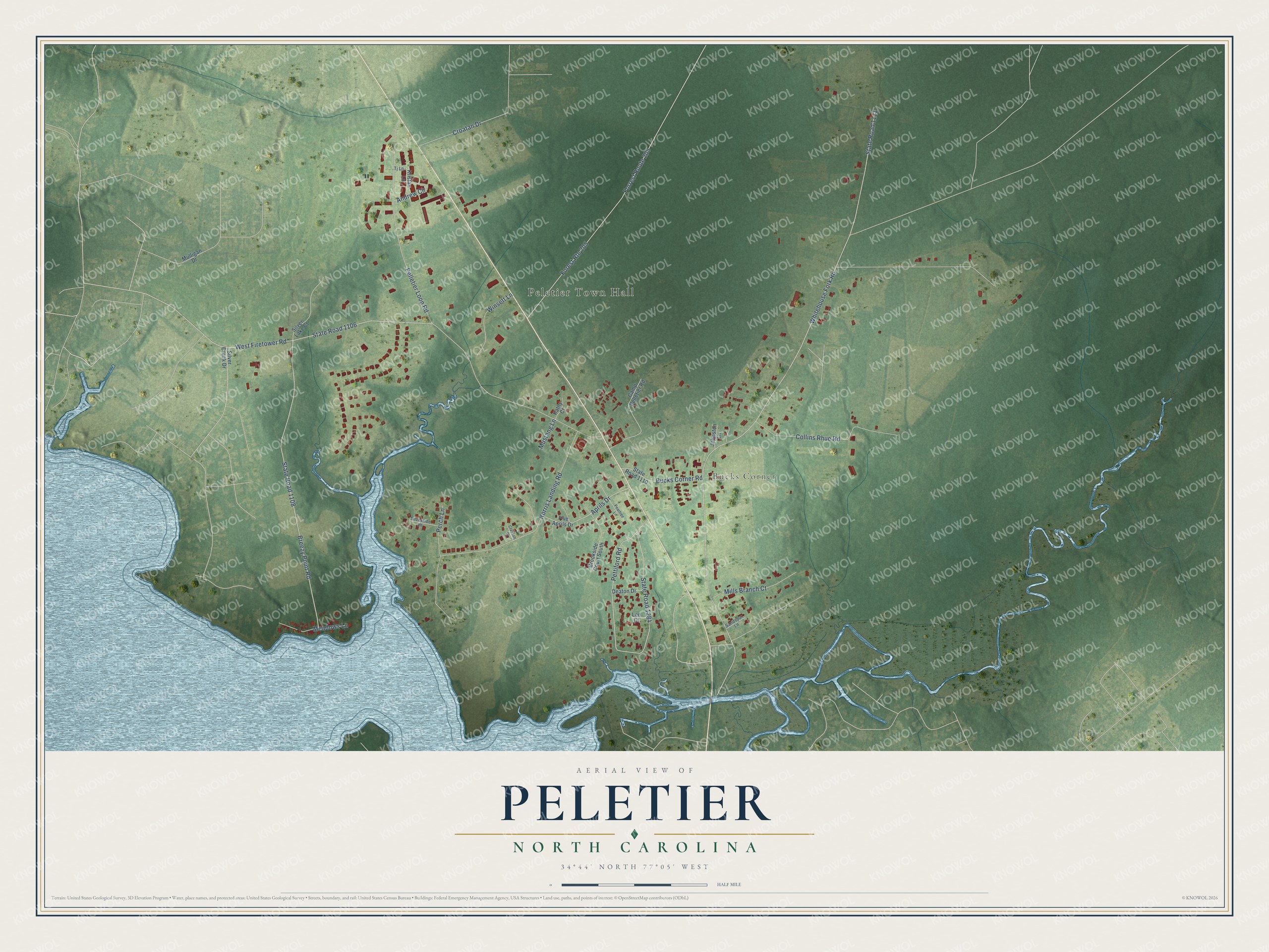 Full map of Peletier, North Carolina, with red buildings, printed street names and the land around them