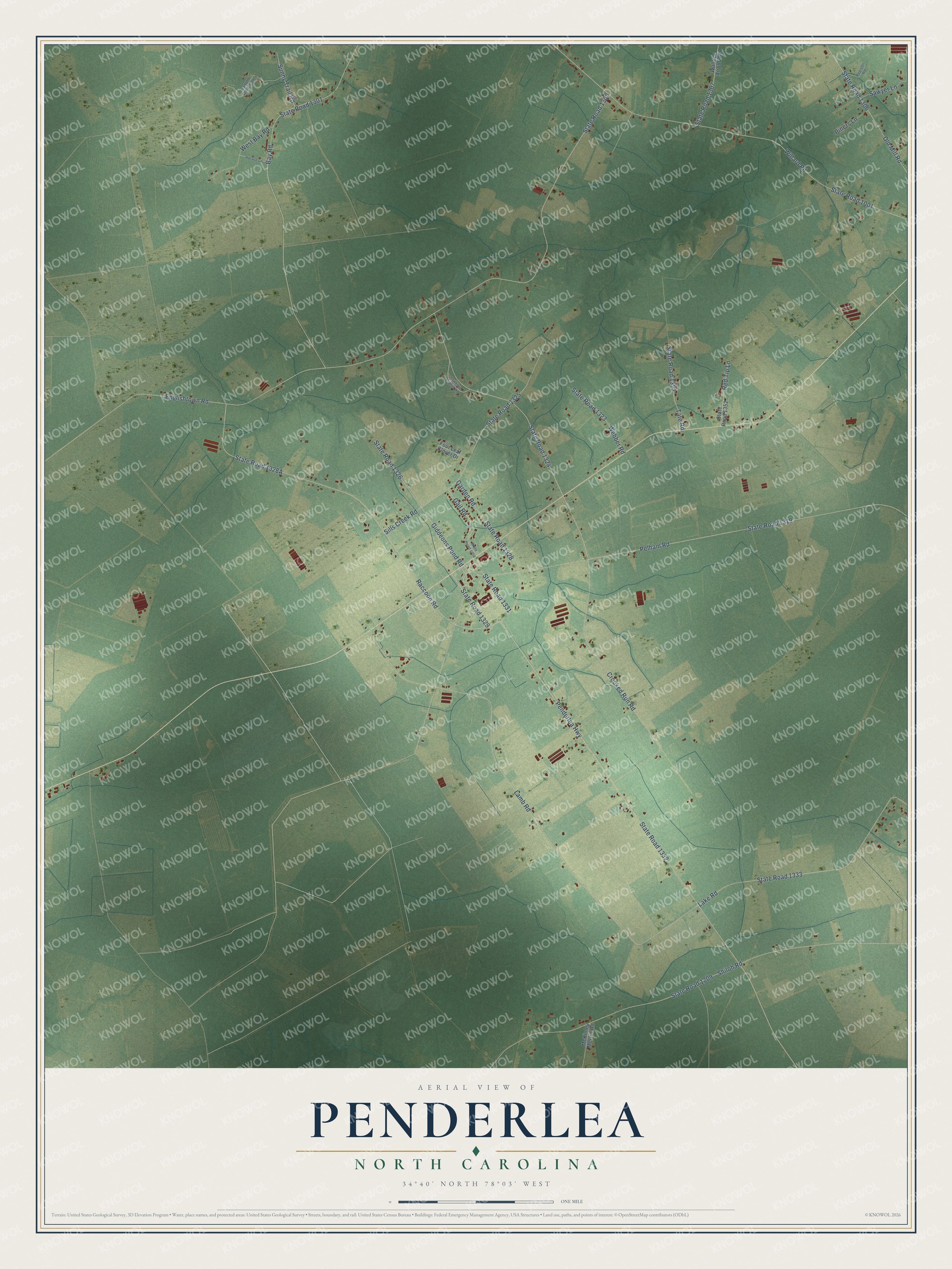 Full map of Penderlea, North Carolina, with red buildings, printed street names and the land around them