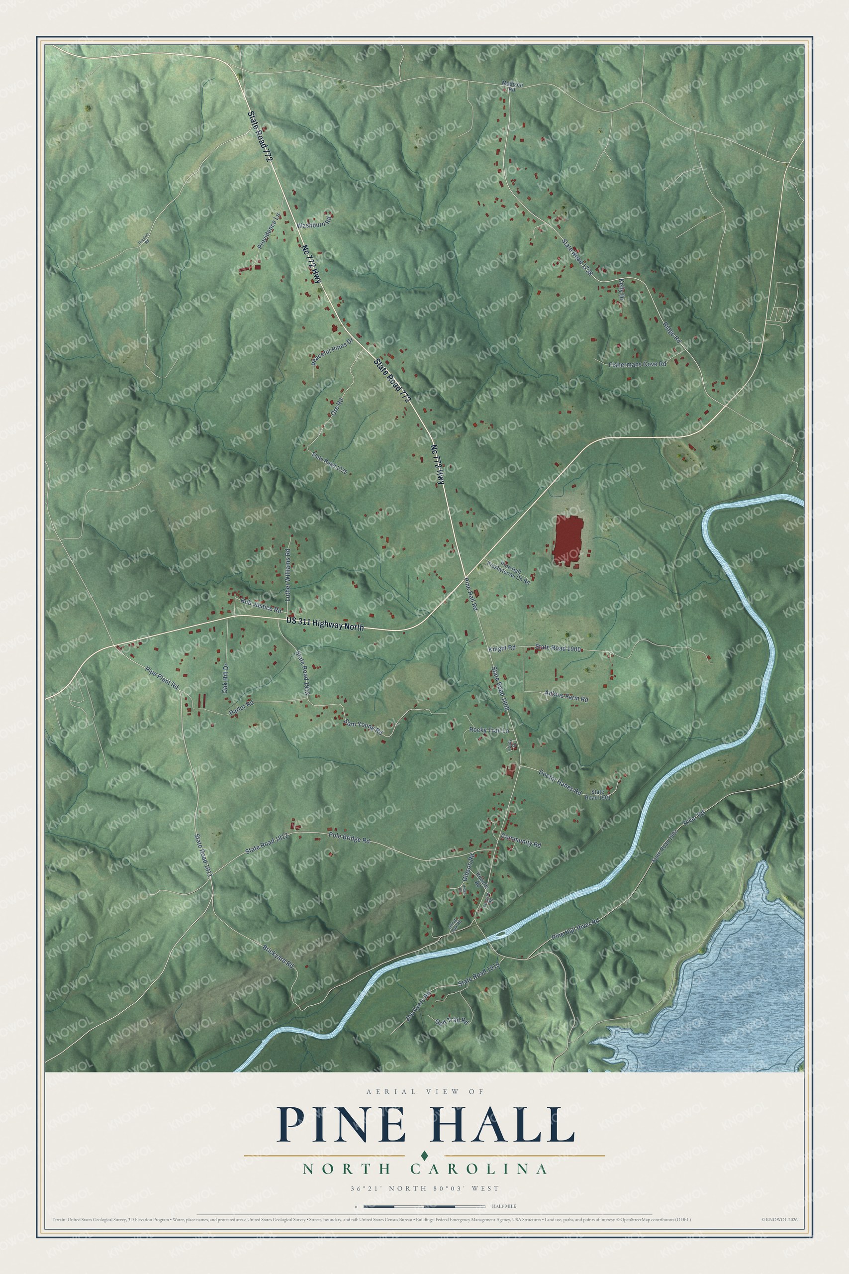 Full map of Pine Hall, North Carolina, with red buildings, printed street names and the land around them