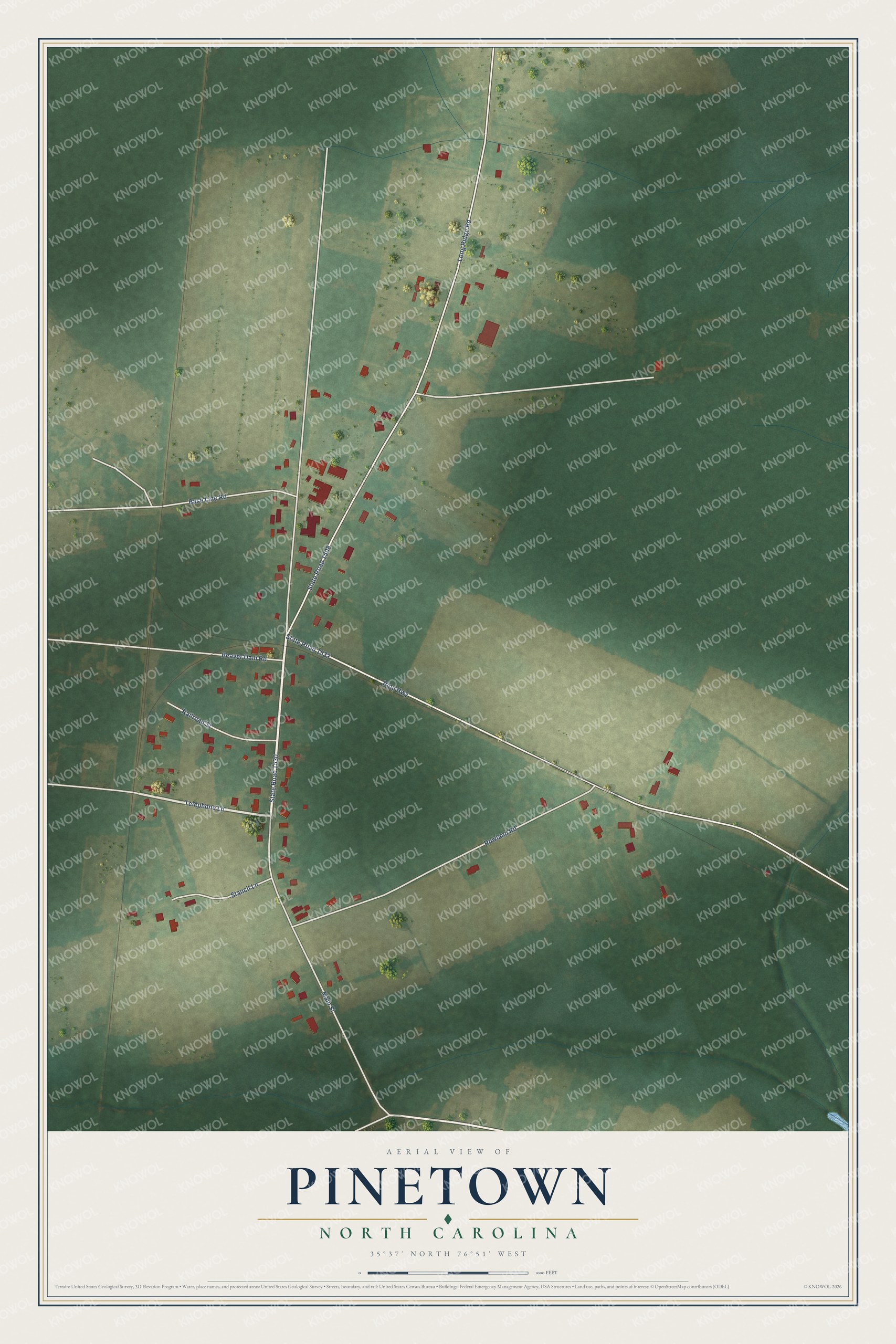Full map of Pinetown, North Carolina, with red buildings, printed street names and the land around them