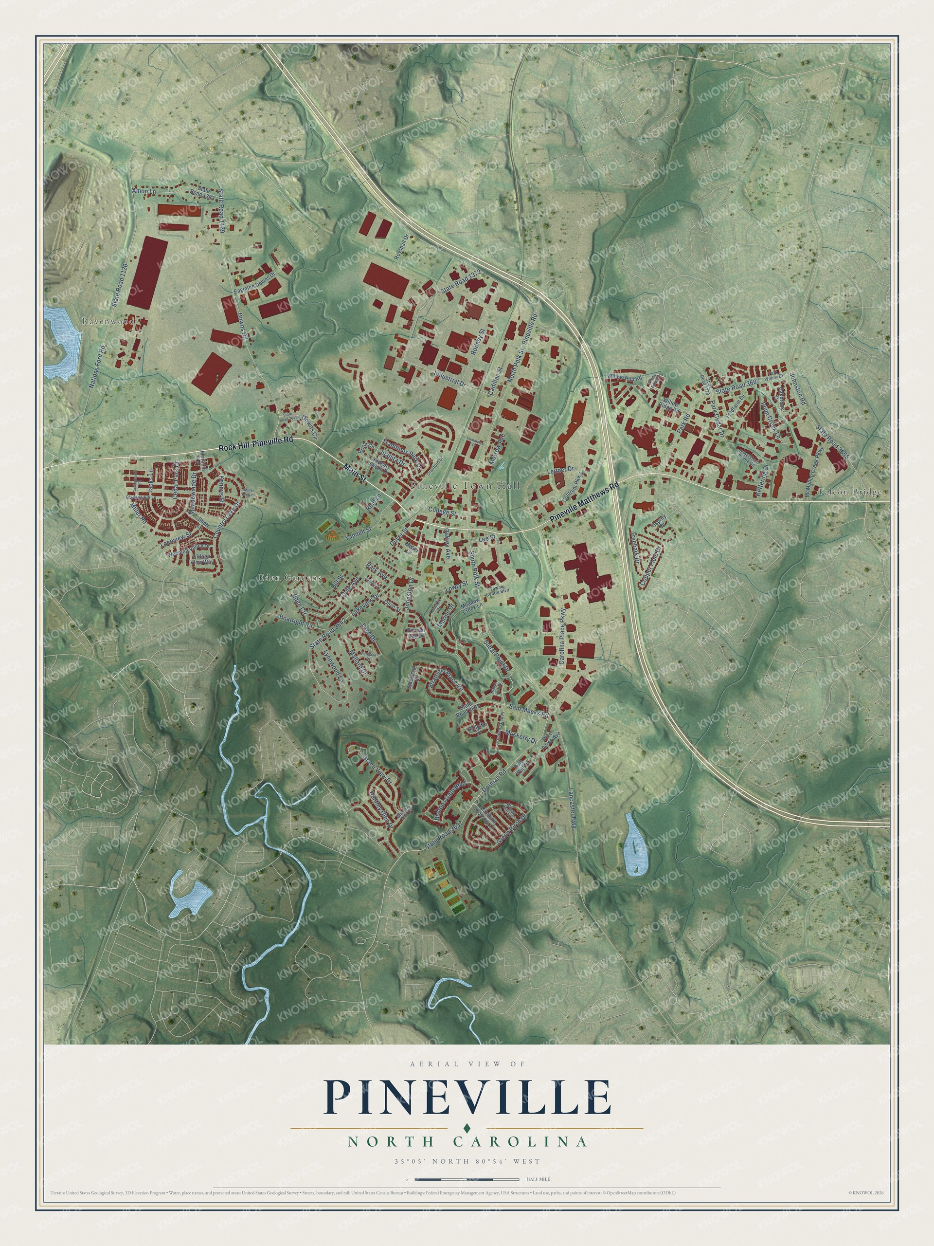 Full map of Pineville, North Carolina, with red buildings, printed street names and the land around them