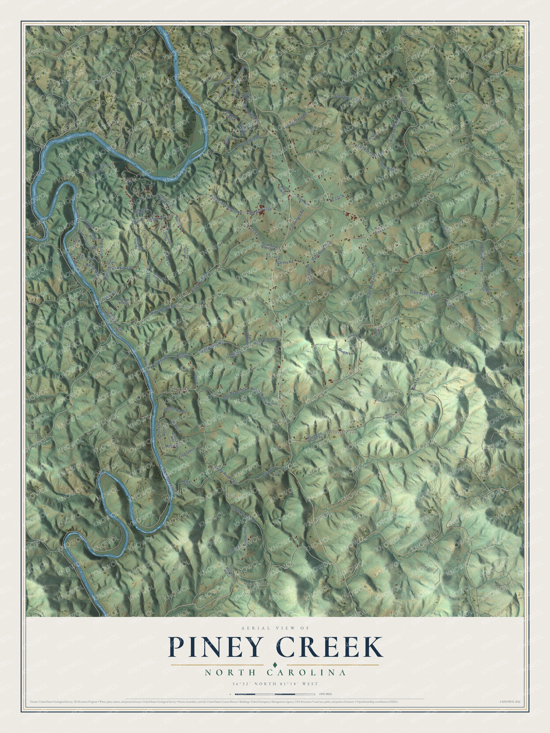 Full map of Piney Creek, North Carolina, with red buildings, printed street names and the land around them