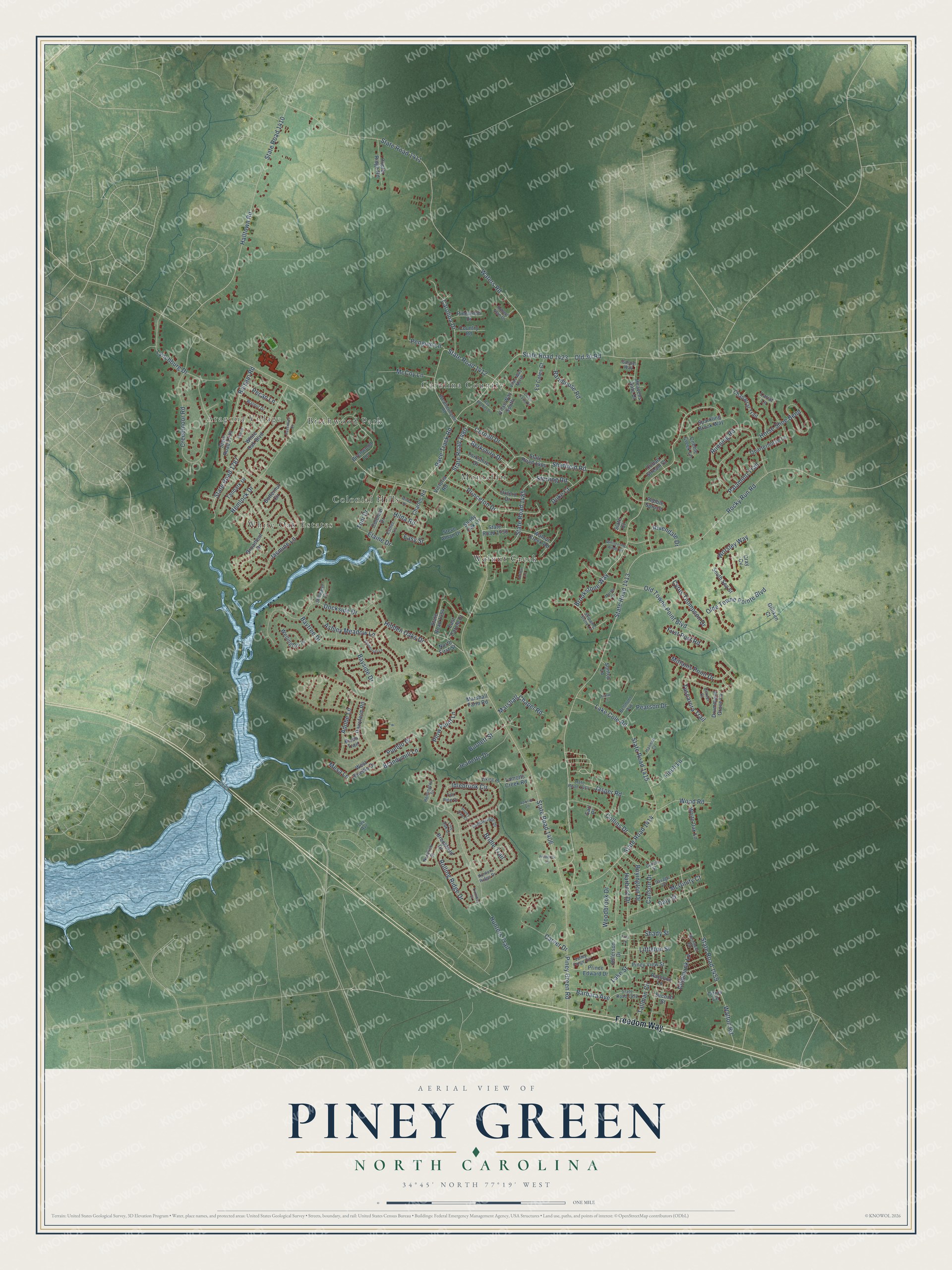 Full map of Piney Green, North Carolina, with red buildings, printed street names and the land around them