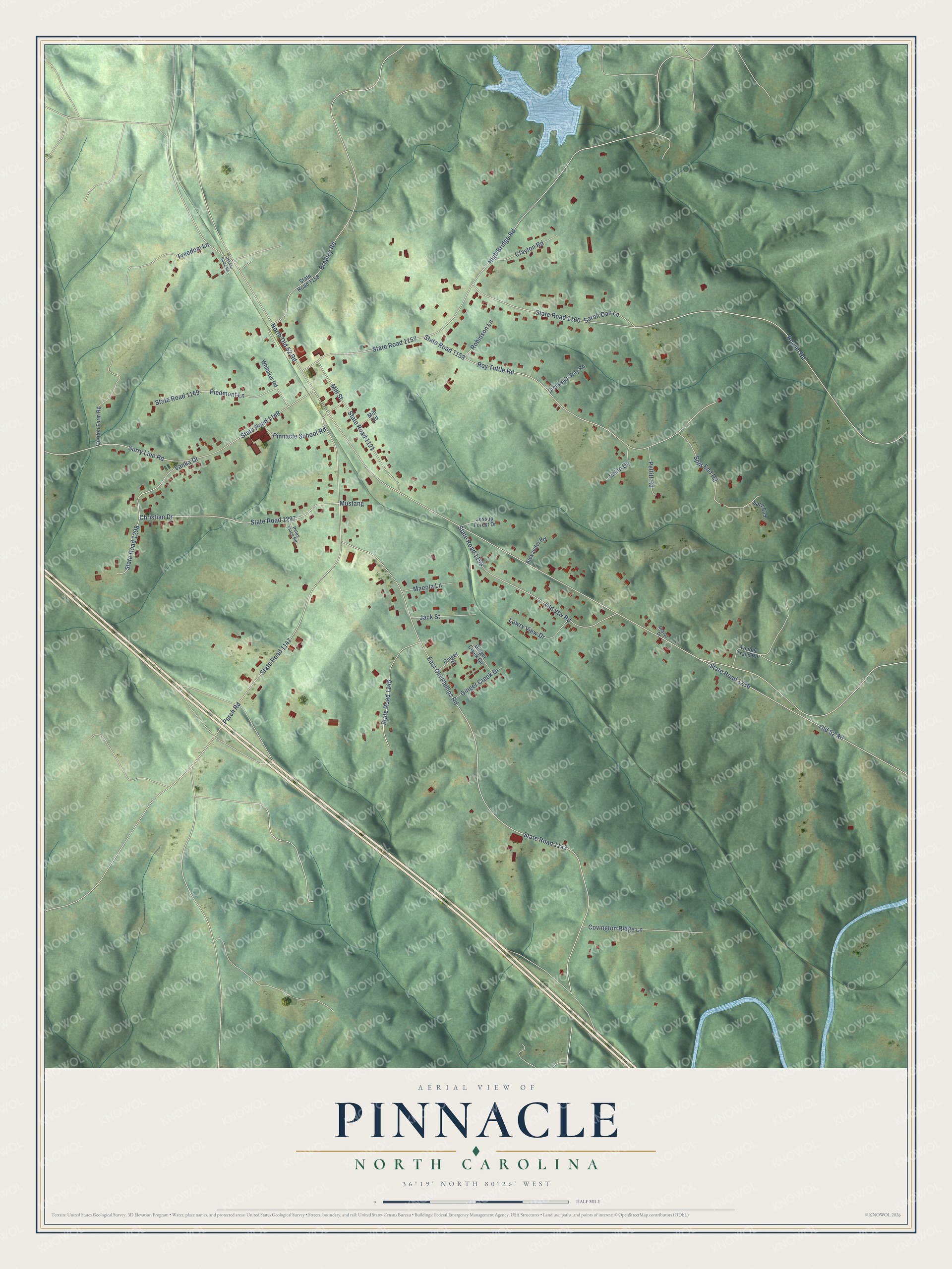 Full map of Pinnacle, North Carolina, with red buildings, printed street names and the land around them