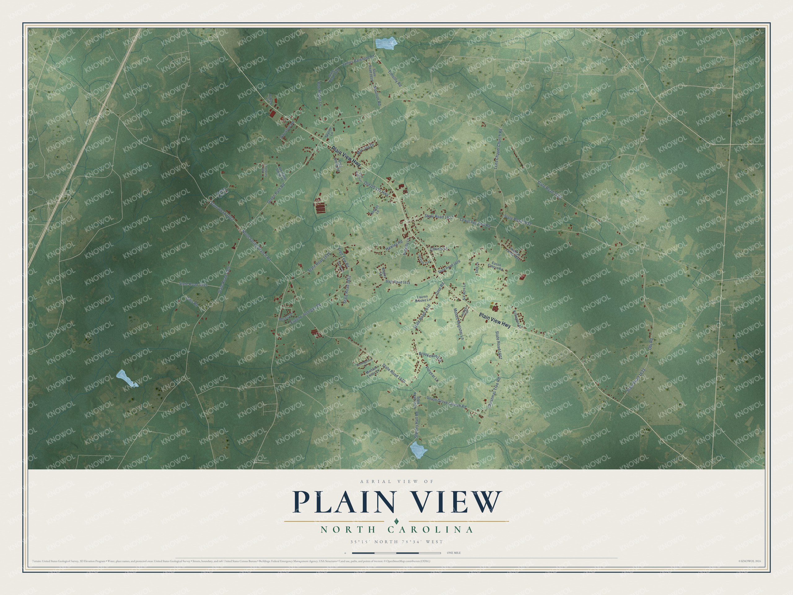 Full map of Plain View, North Carolina, with red buildings, printed street names and the land around them