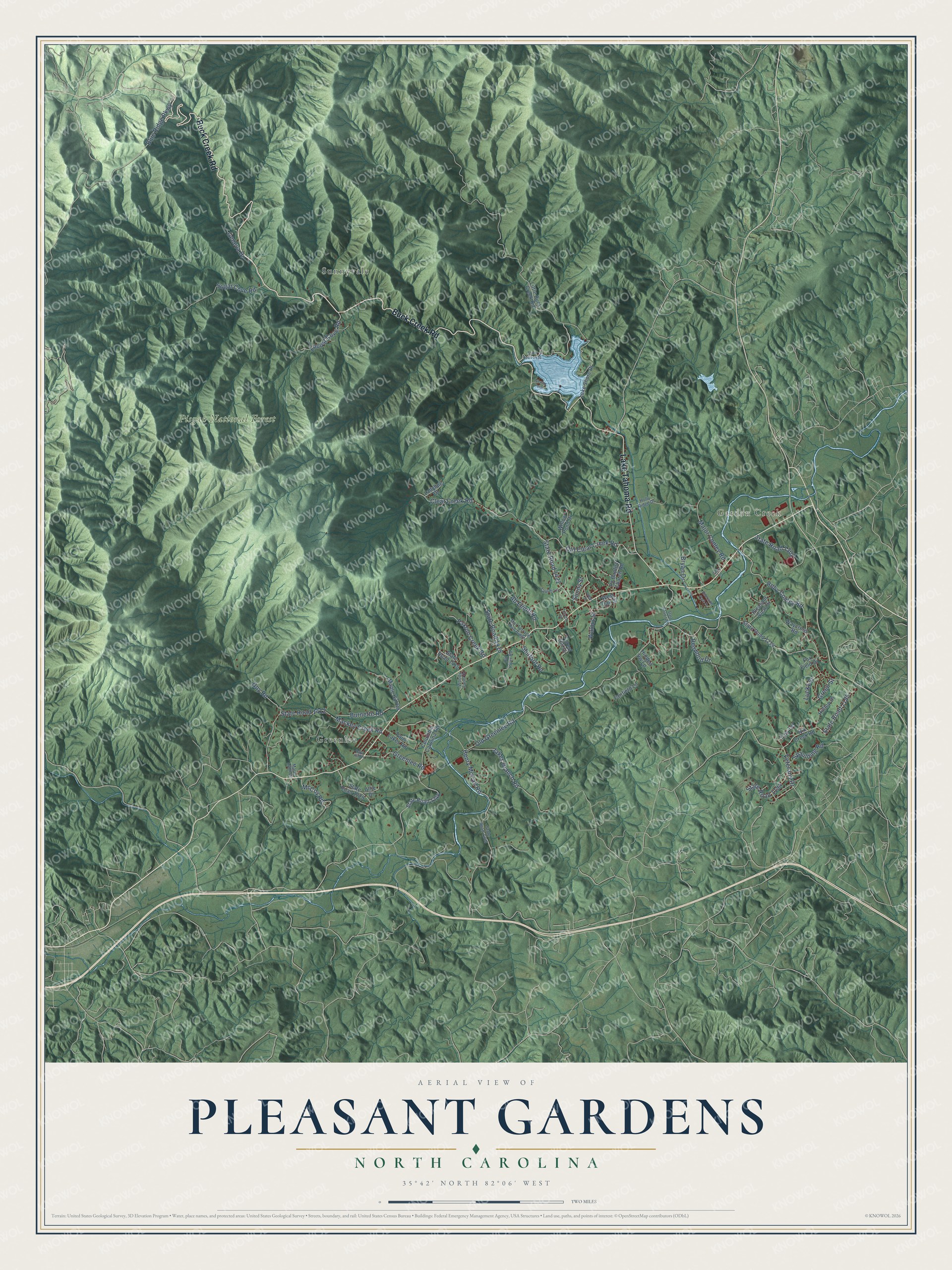 Full map of Pleasant Gardens, North Carolina, with red buildings, printed street names and the land around them