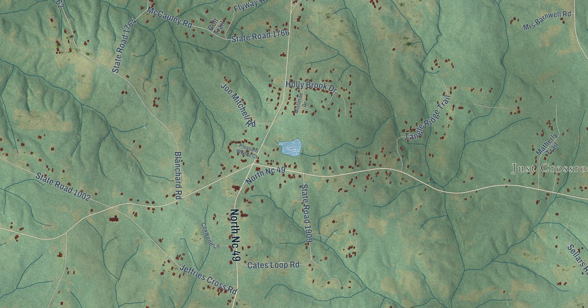 Close-up of streets and buildings in Pleasant Grove, North Carolina