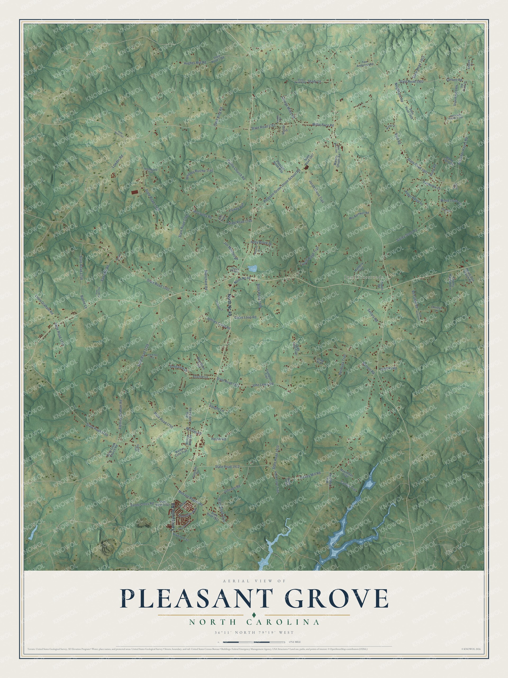 Full map of Pleasant Grove, North Carolina, with red buildings, printed street names and the land around them