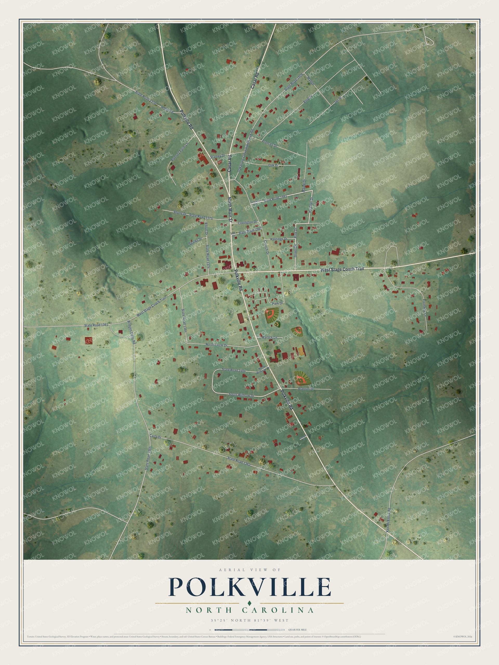 Full map of Polkville, North Carolina, with red buildings, printed street names and the land around them