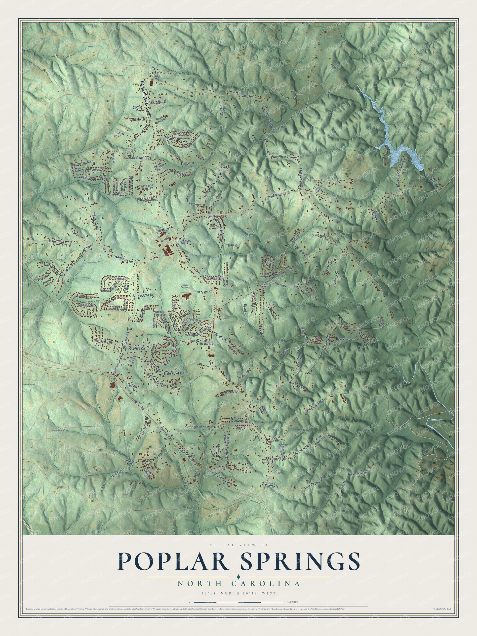 Full map of Poplar Springs, North Carolina, with red buildings, printed street names and the land around them