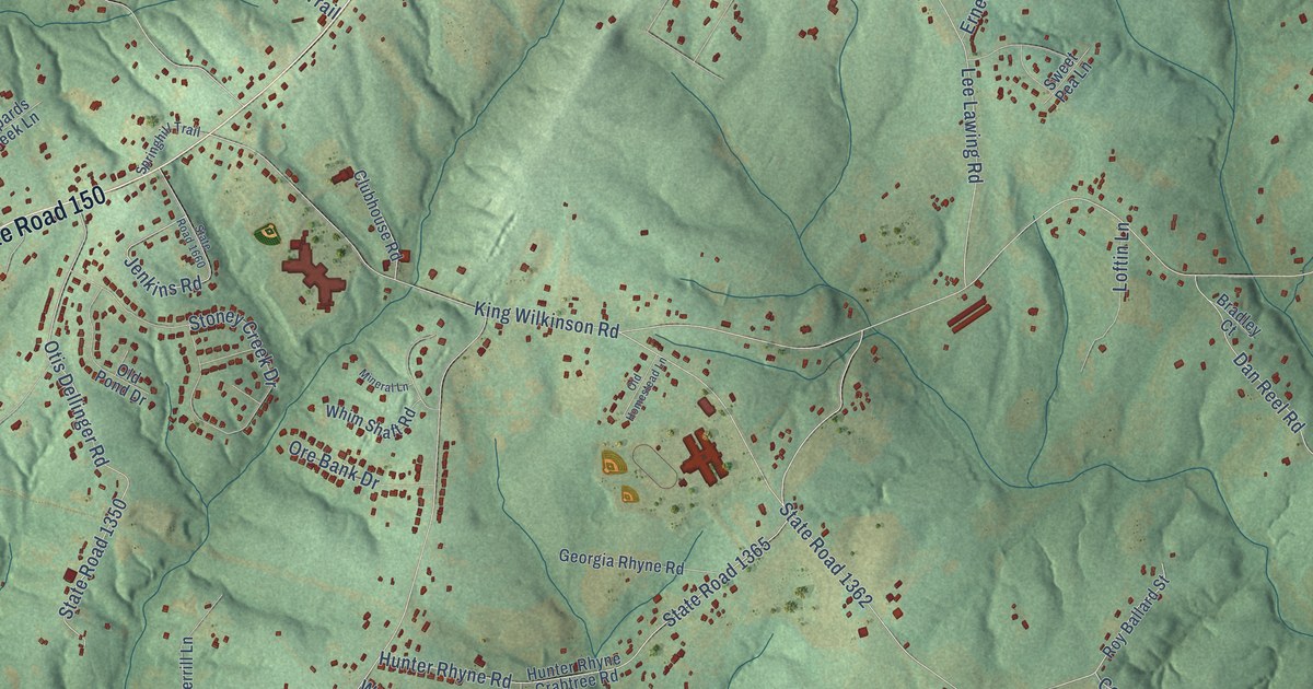 Close-up of streets and buildings in Pumpkin Center, Lincoln County, North Carolina