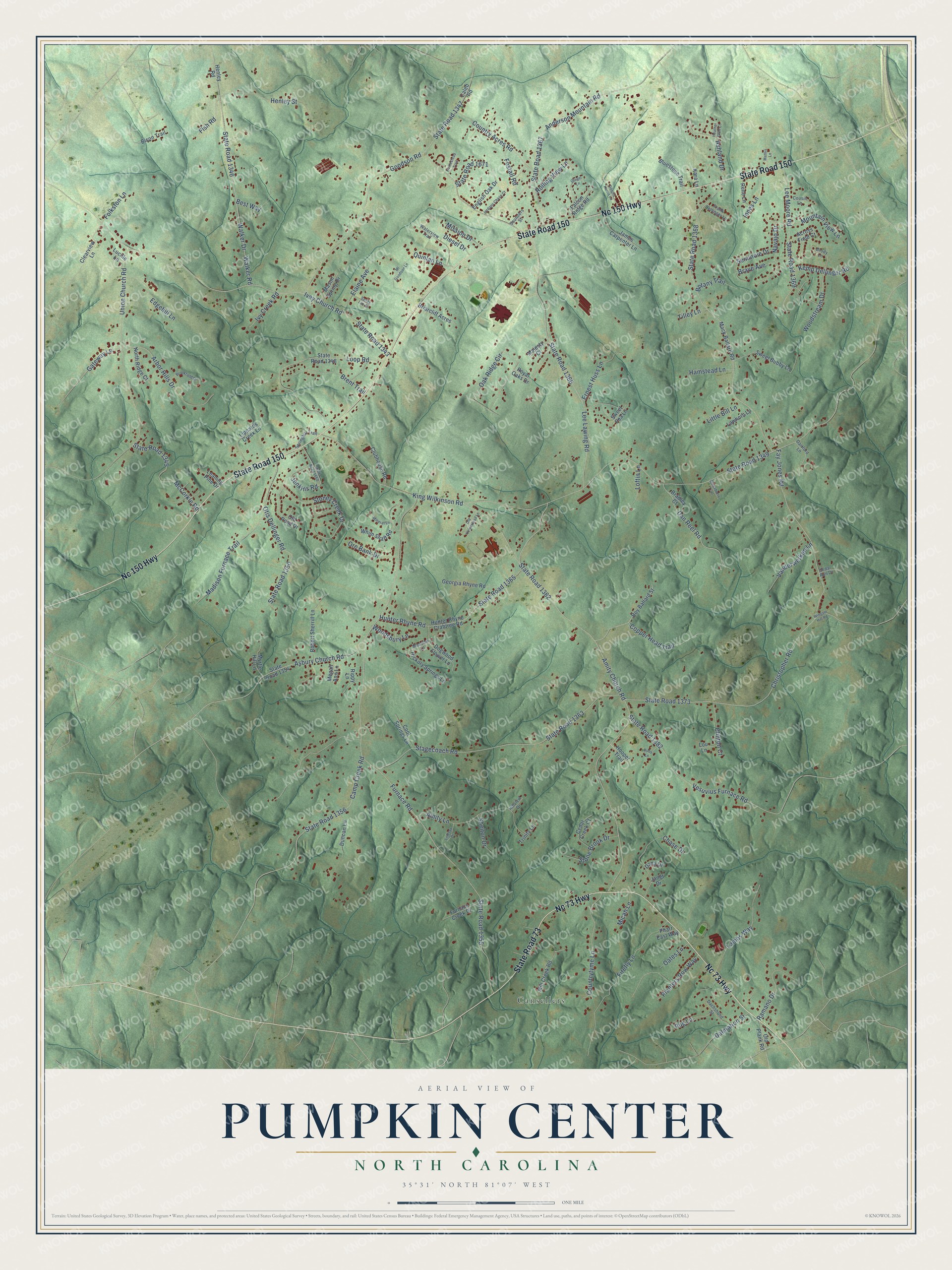 Full map of Pumpkin Center, North Carolina, with red buildings, printed street names and the land around them