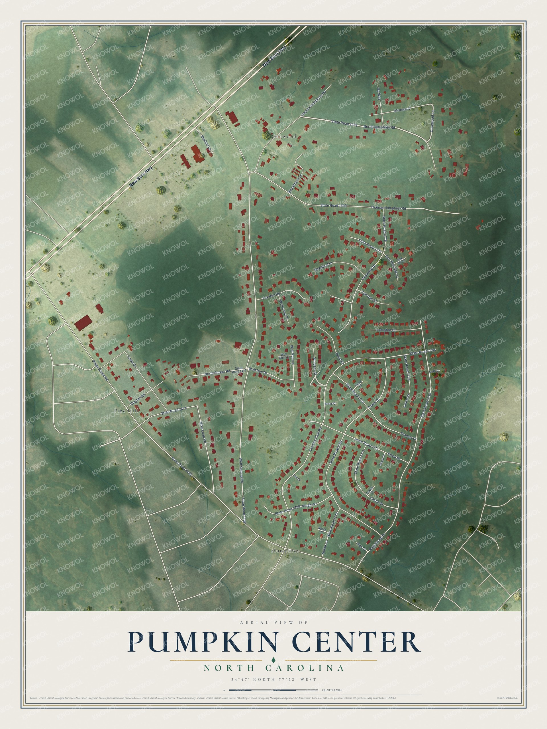 Full map of Pumpkin Center, North Carolina, with red buildings, printed street names and the land around them