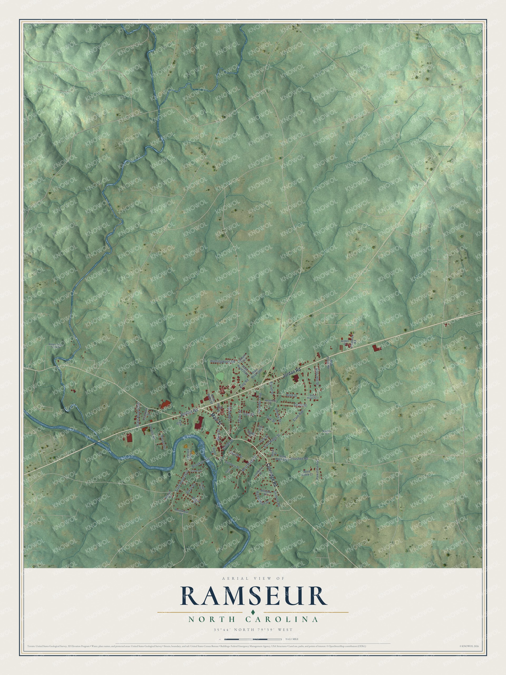 Full map of Ramseur, North Carolina, with red buildings, printed street names and the land around them