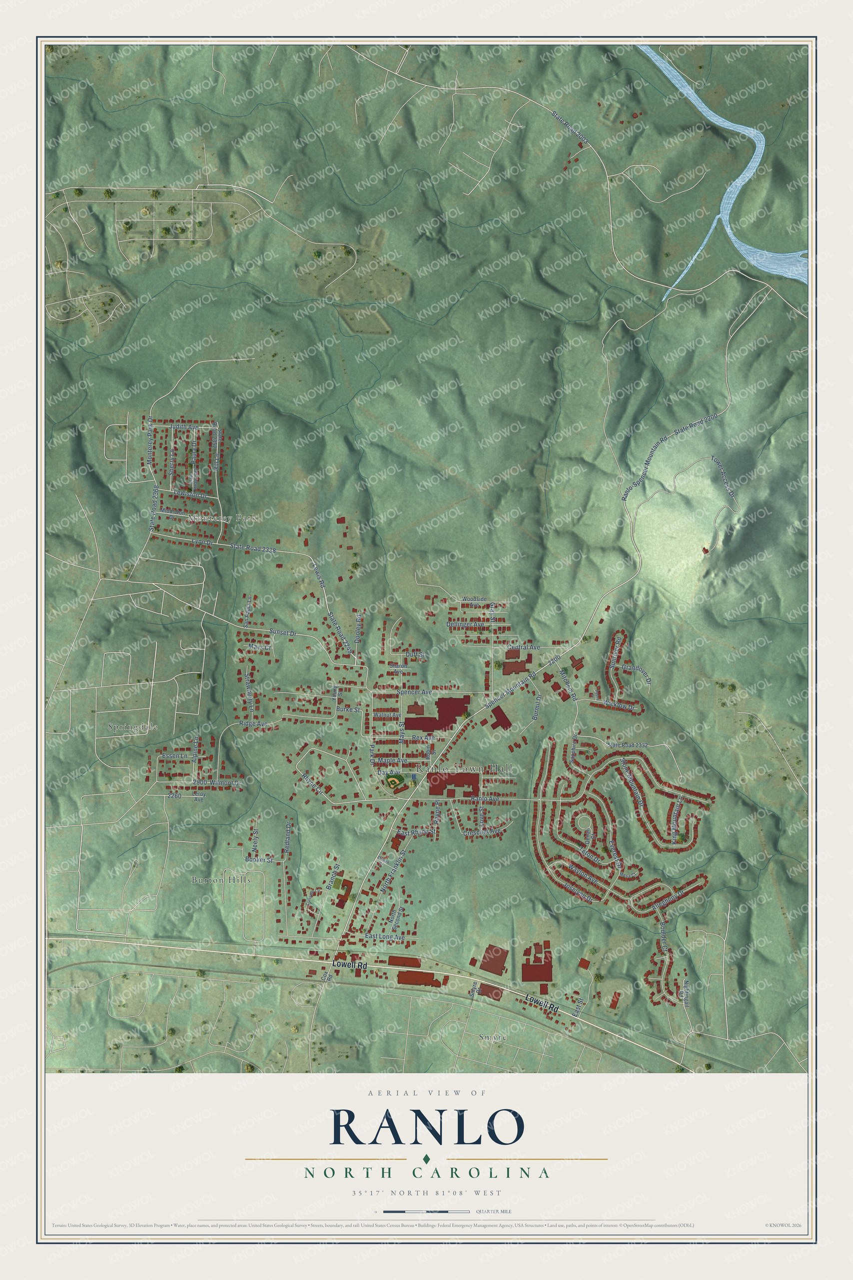 Watermarked full-map preview of Ranlo, North Carolina