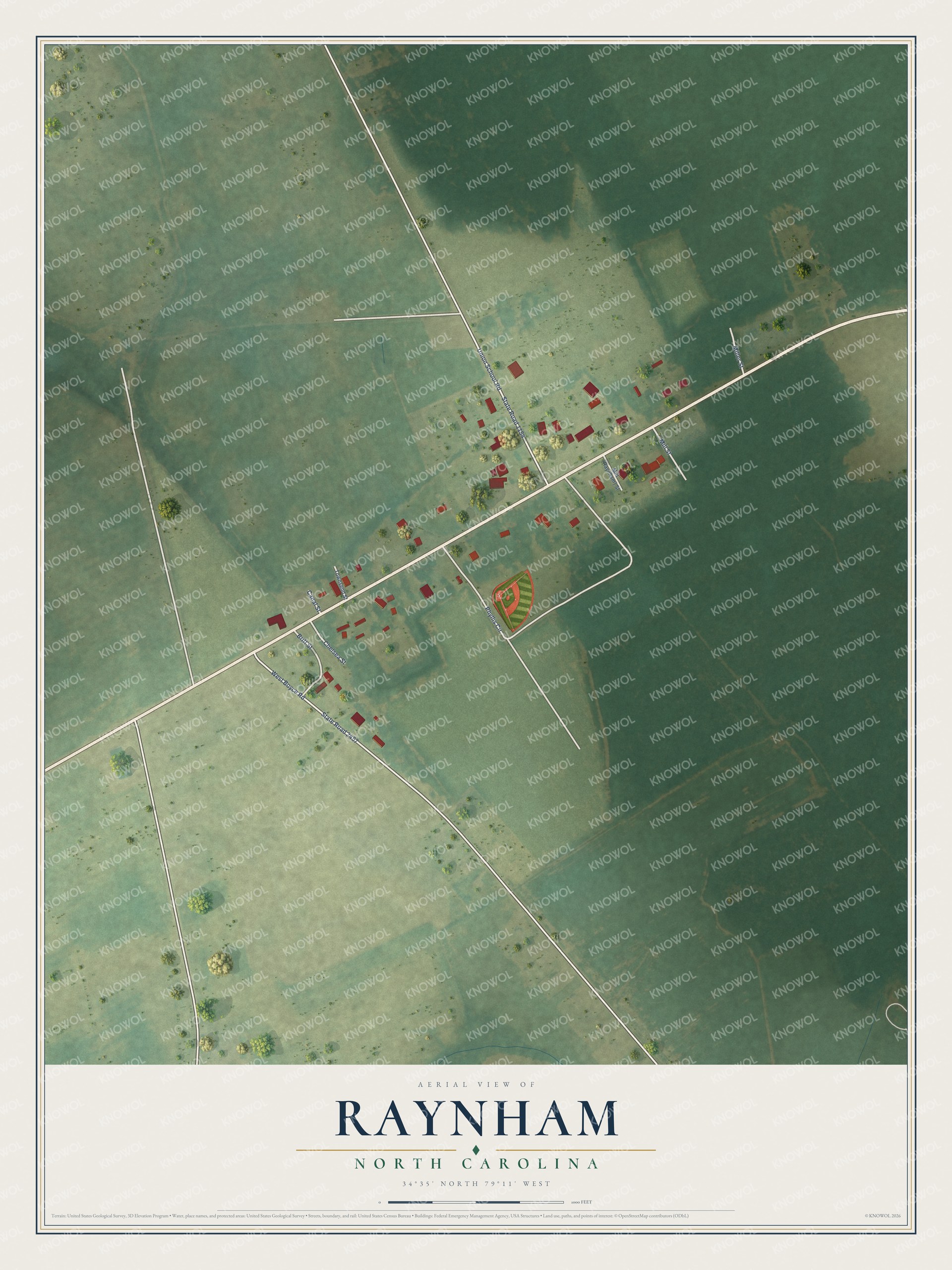 Full map of Raynham, North Carolina, with red buildings, printed street names and the land around them