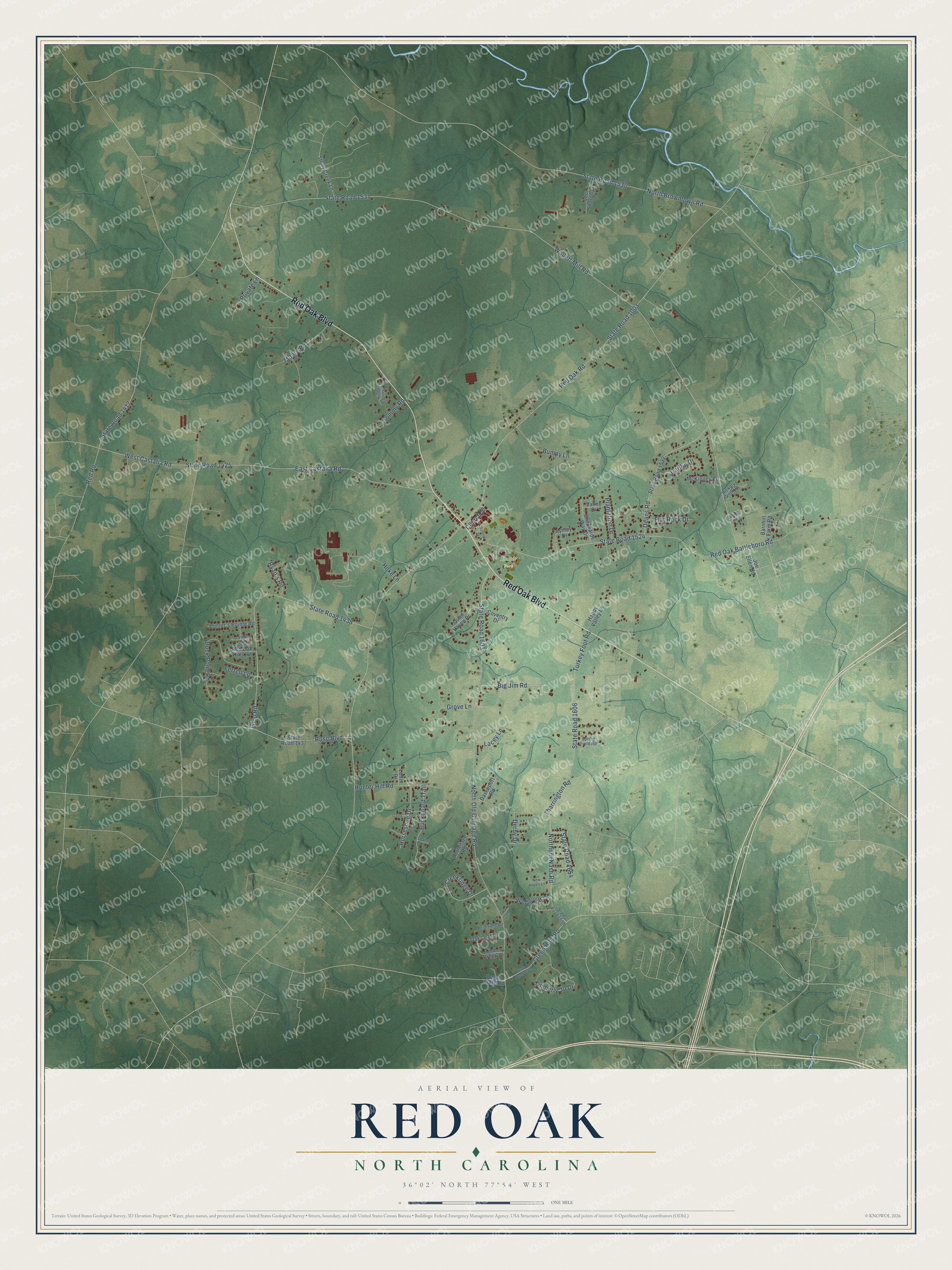 Full map of Red Oak, North Carolina, with red buildings, printed street names and the land around them