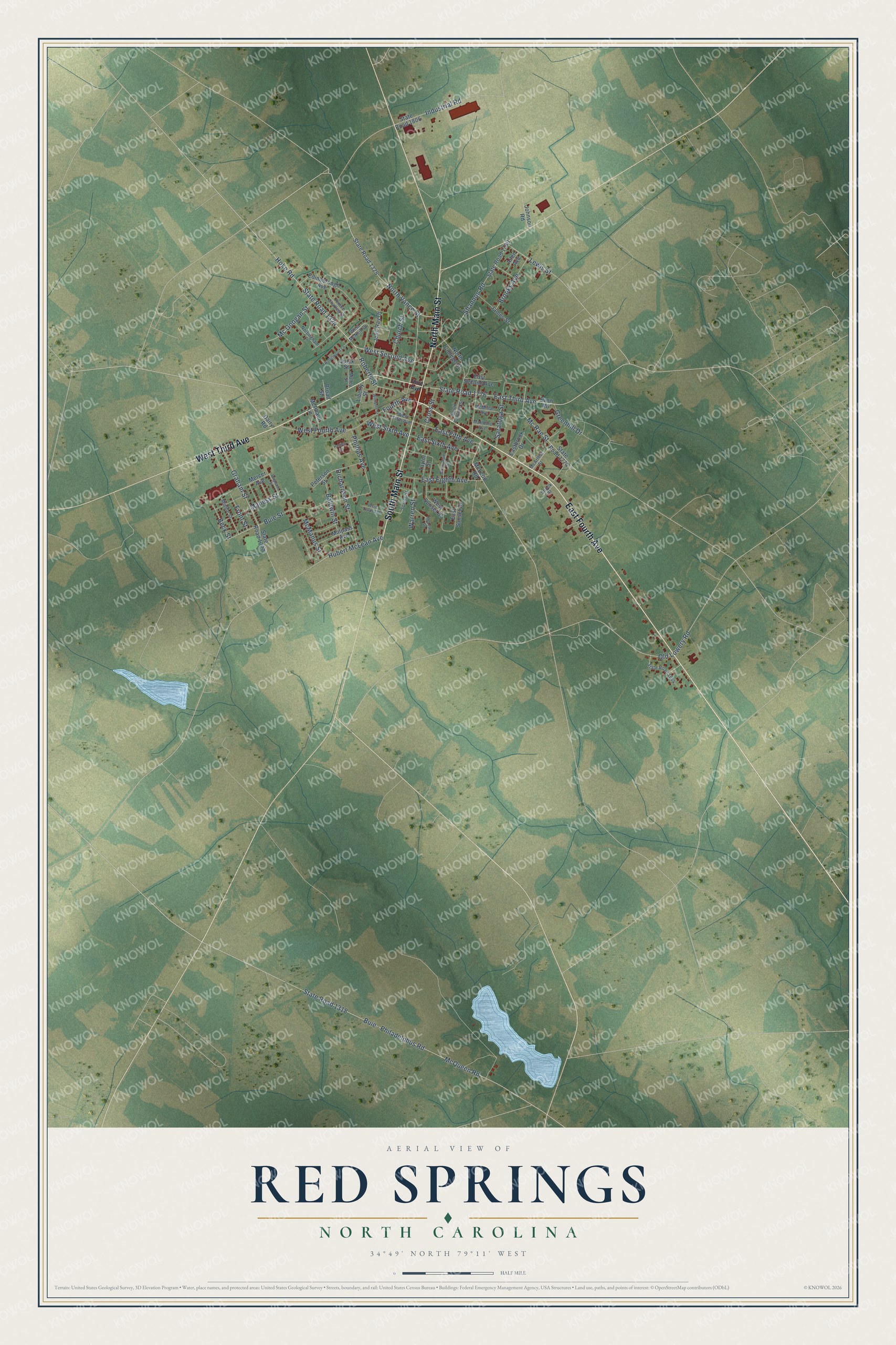 Full map of Red Springs, North Carolina, with red buildings, printed street names and the land around them