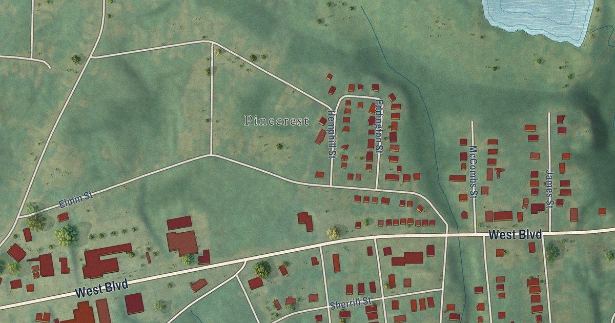 Close-up of streets and buildings in Reid Park, North Carolina