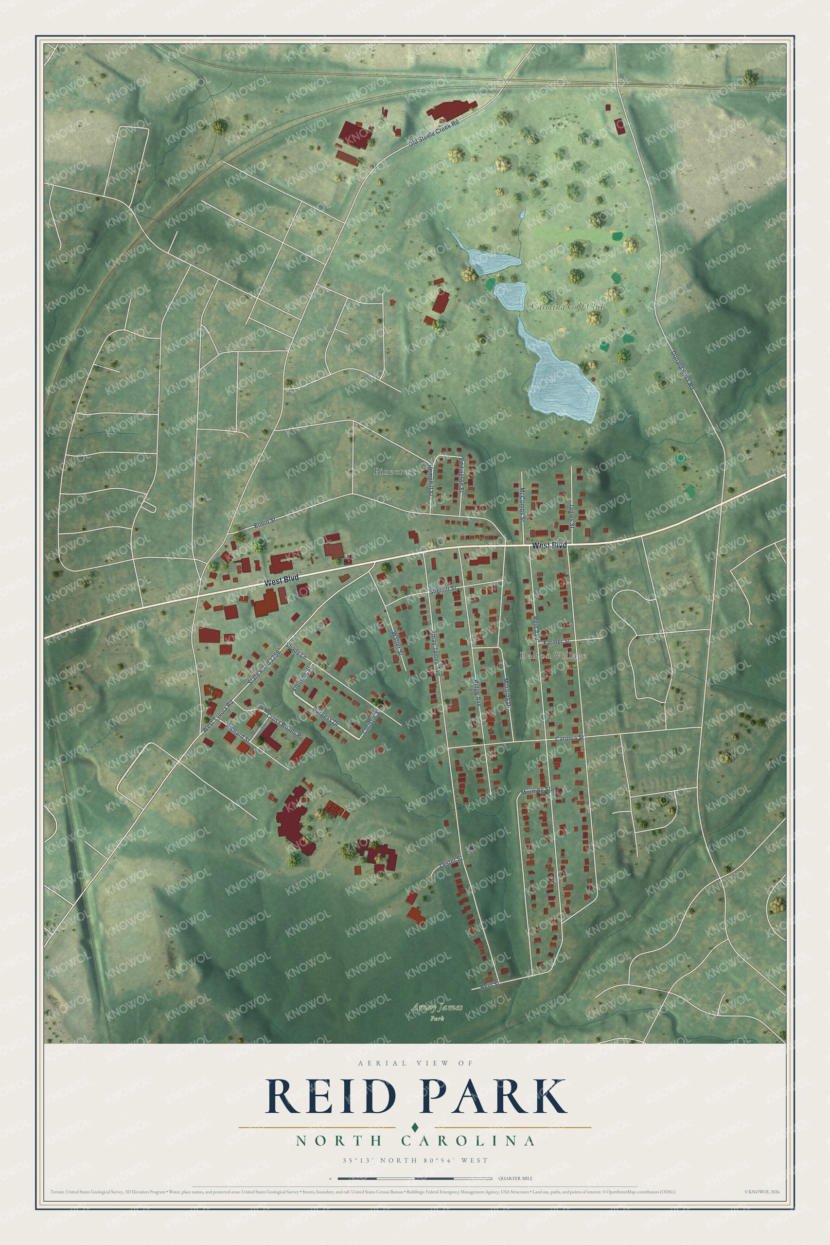 Full map of Reid Park, North Carolina, with red buildings, printed street names and the land around them