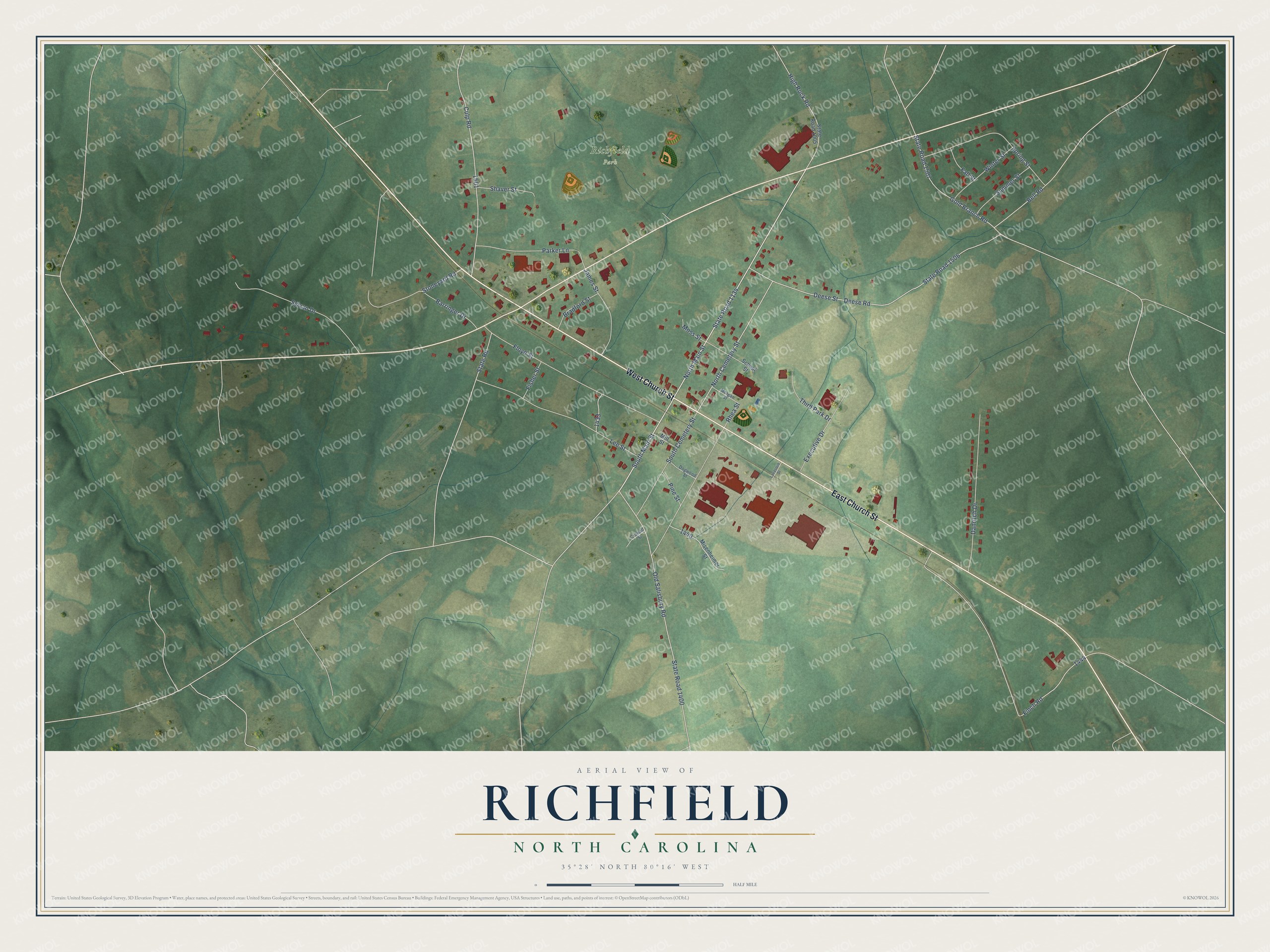 Full map of Richfield, North Carolina, with red buildings, printed street names and the land around them