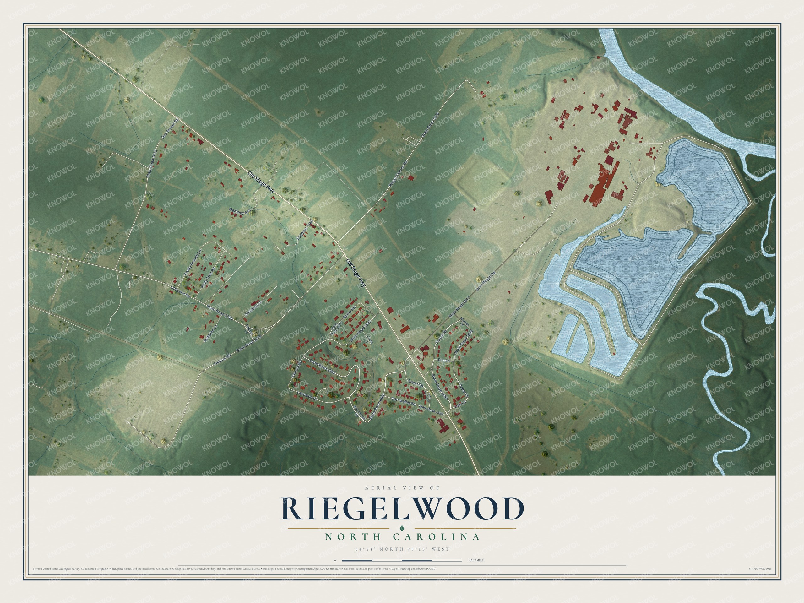 Full map of Riegelwood, North Carolina, with red buildings, printed street names and the land around them
