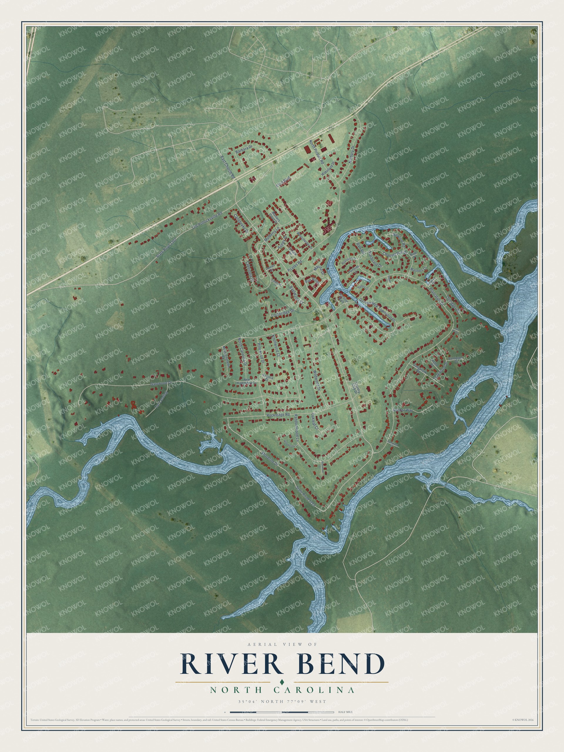 Full map of River Bend, North Carolina, with red buildings, printed street names and the land around them