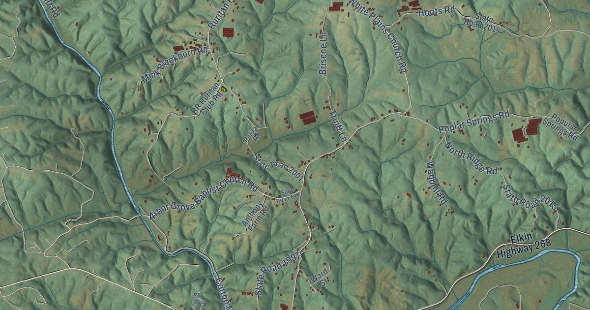 Close-up of streets and buildings in Roaring River, North Carolina
