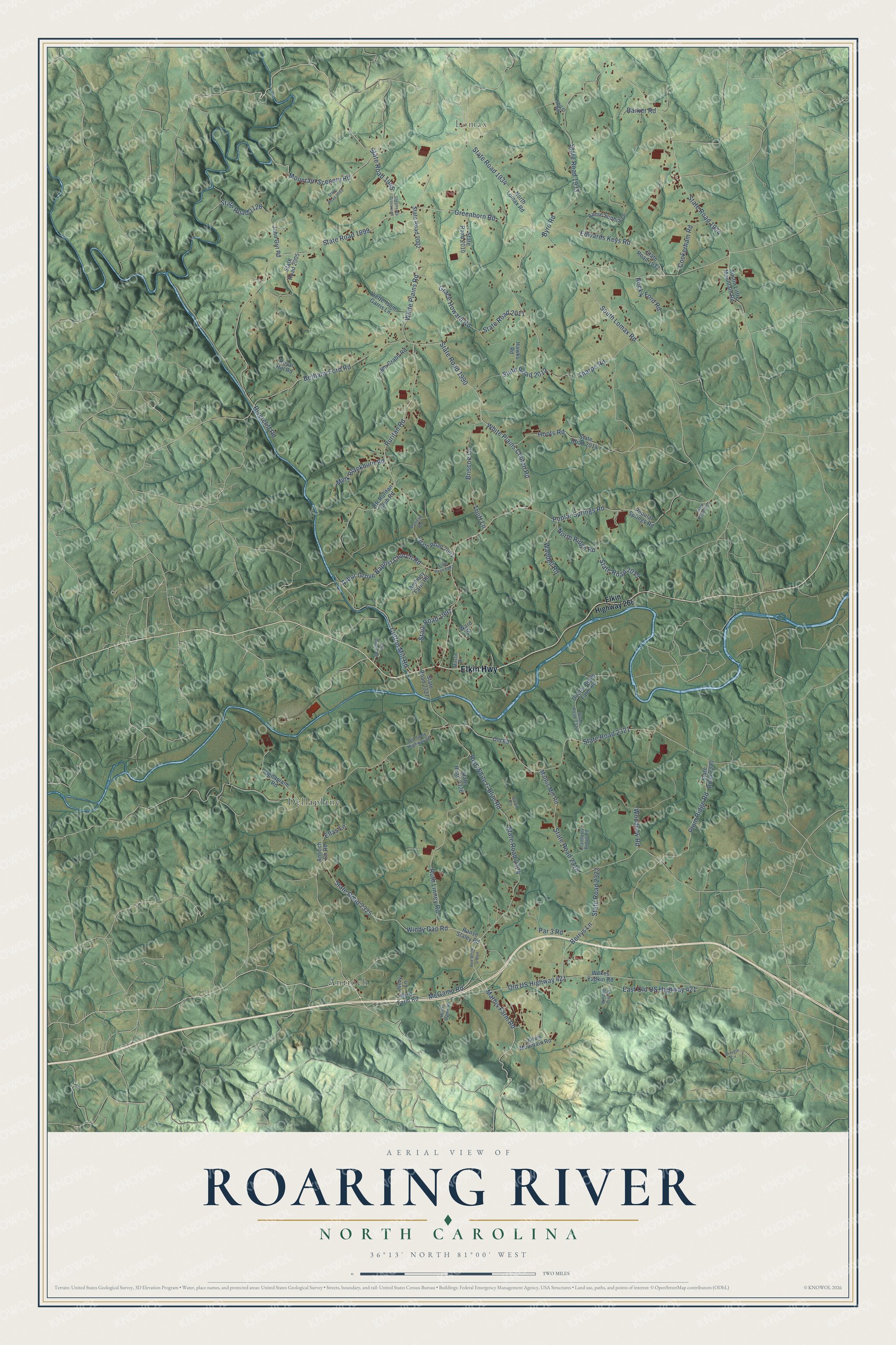 Full map of Roaring River, North Carolina, with red buildings, printed street names and the land around them
